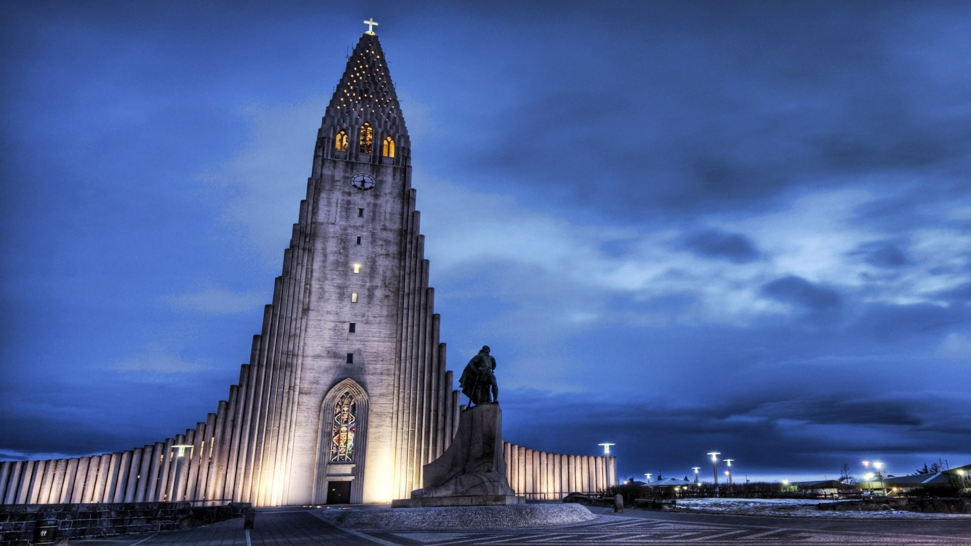 1080P, building exterior, dusk, no people, the past, bridge, city, sky, tower, building, night, Iceland, water, bridge - man made structure, place of worship, HD Wallpaper