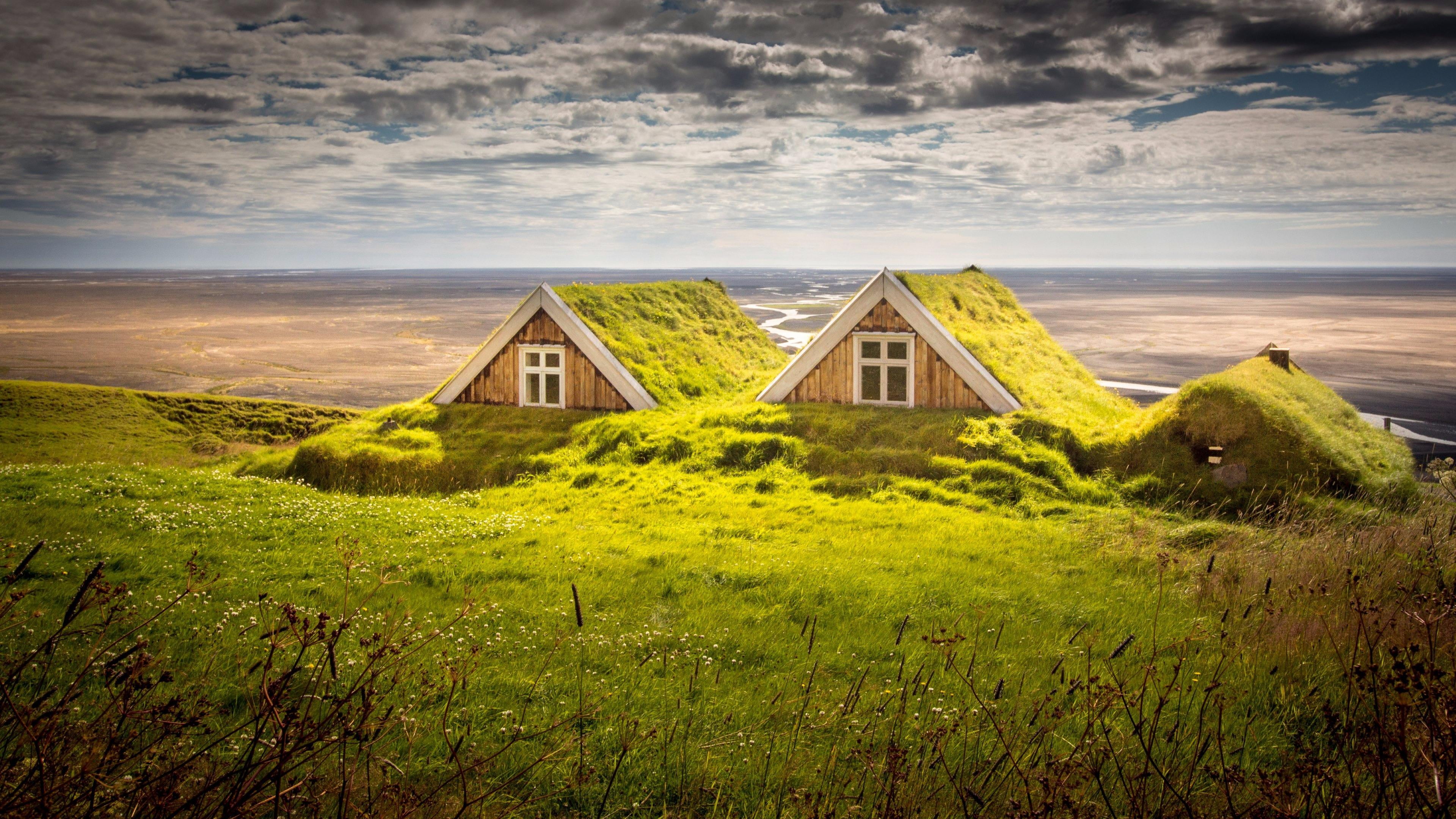 building exterior, awesome, beauty in nature, sunlight, plant, day, grass, house, nature, turf houses, home, green color, reykjavik, rural area, environment, HD Wallpaper