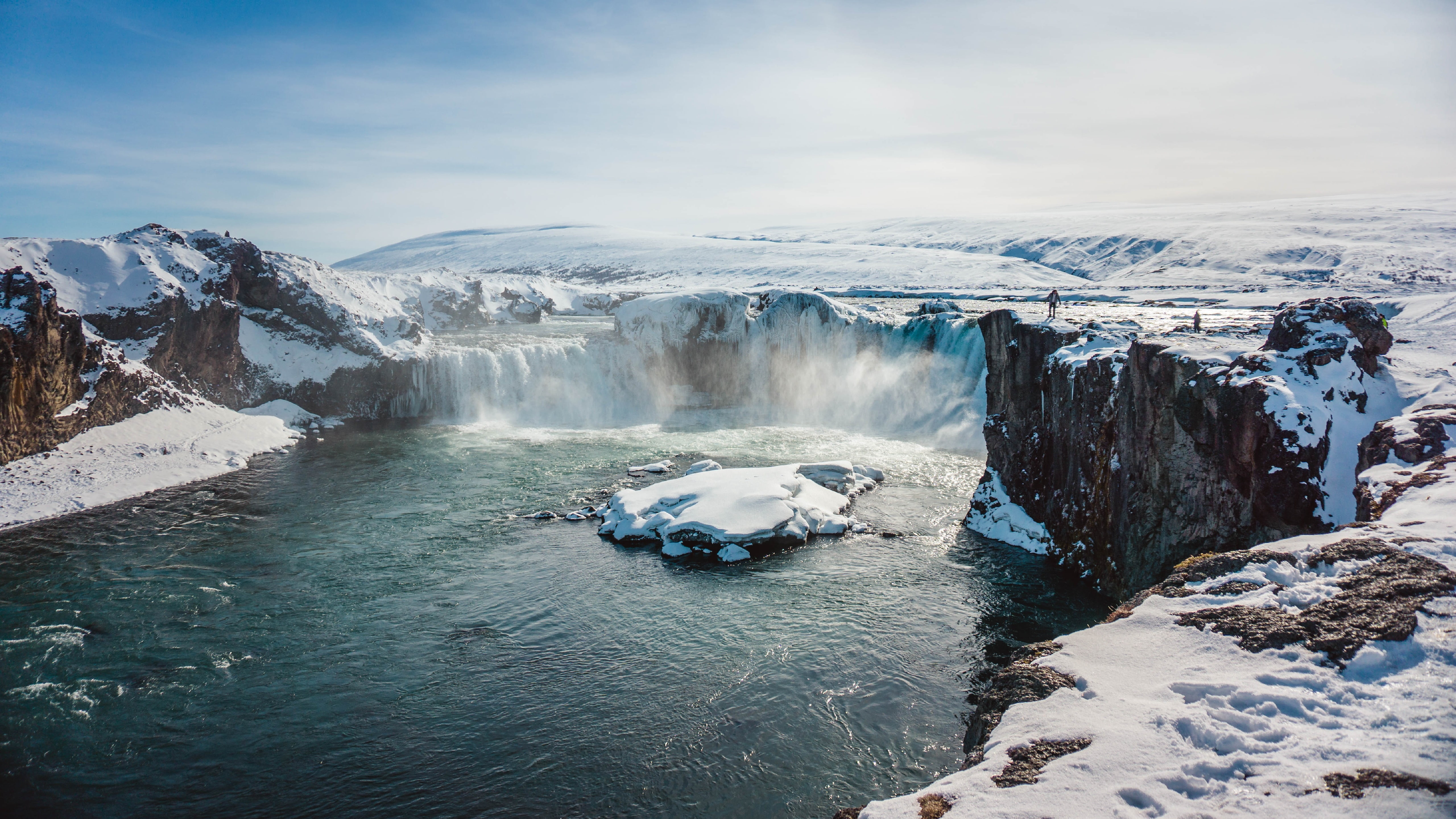 waterfall, reykjavik, godafoss, lake, snow, landscape, 5K, godafoss waterfall, winter, freezing, HD Wallpaper