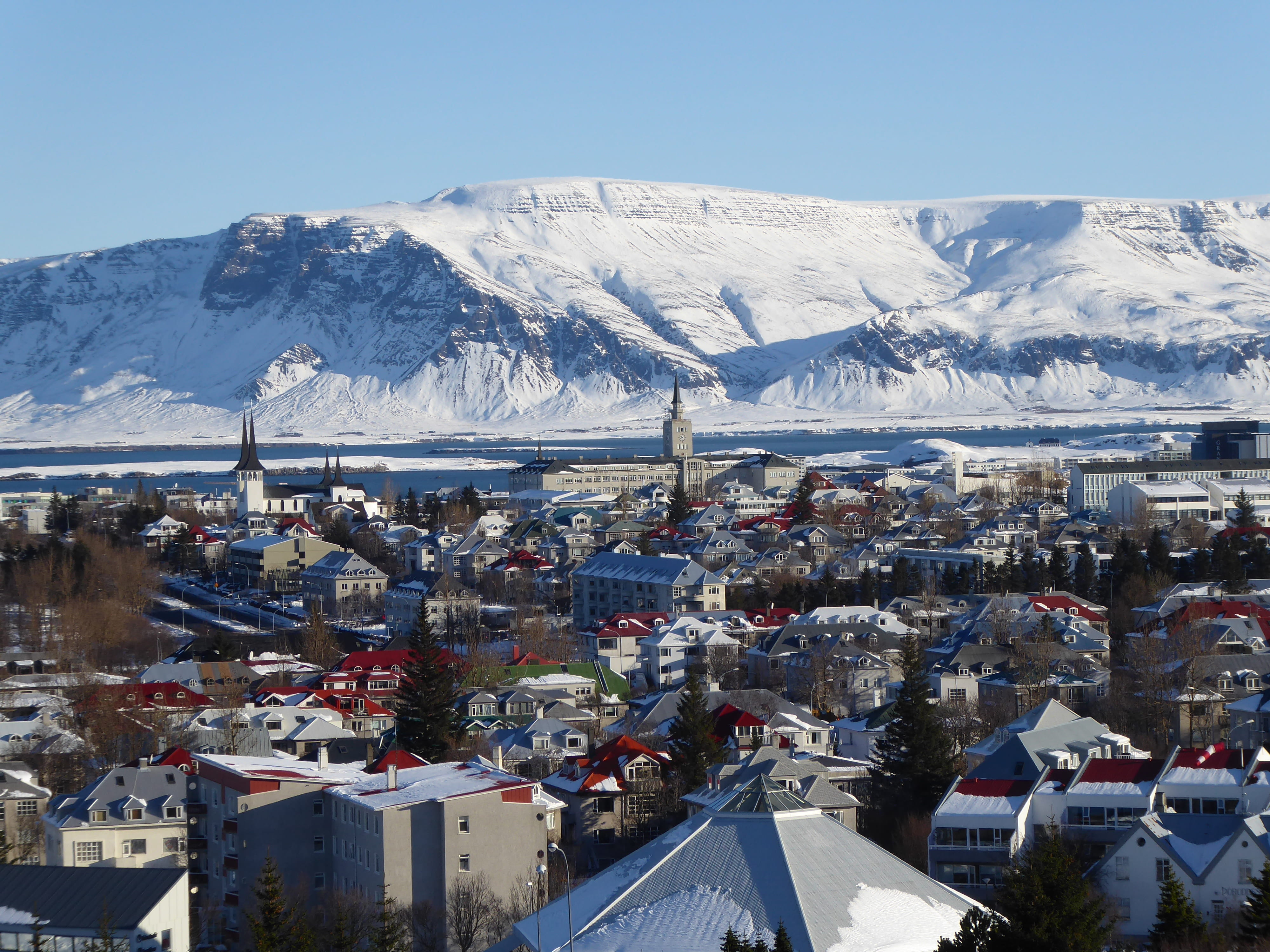 no people, daytime, photography, town, city, urban, snowcapped mountain, cityscape, mountain range, building exterior, day, reykjavik, 4K, house, snow, HD Wallpaper