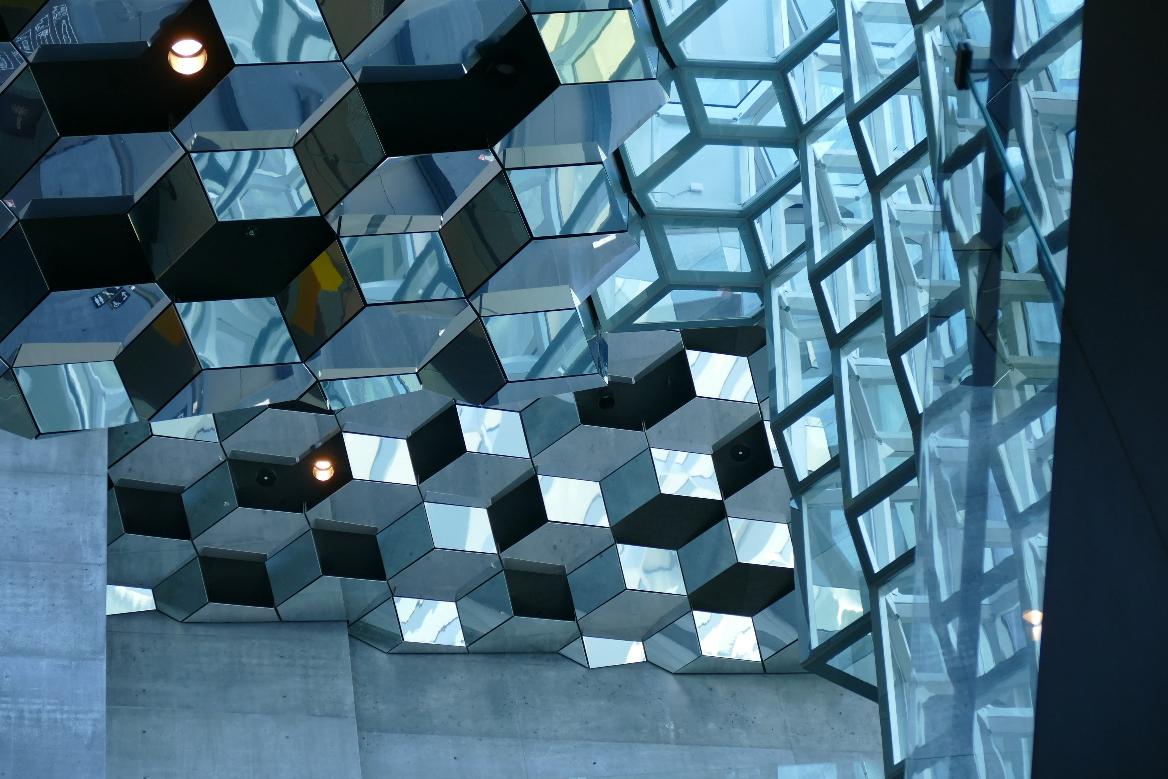silver colored, harpa, triangle shape, blue, 4K, urban, reykjavik, architecture, icelandic, city, indoors, hexagon, backgrounds, no people, futuristic, HD Wallpaper