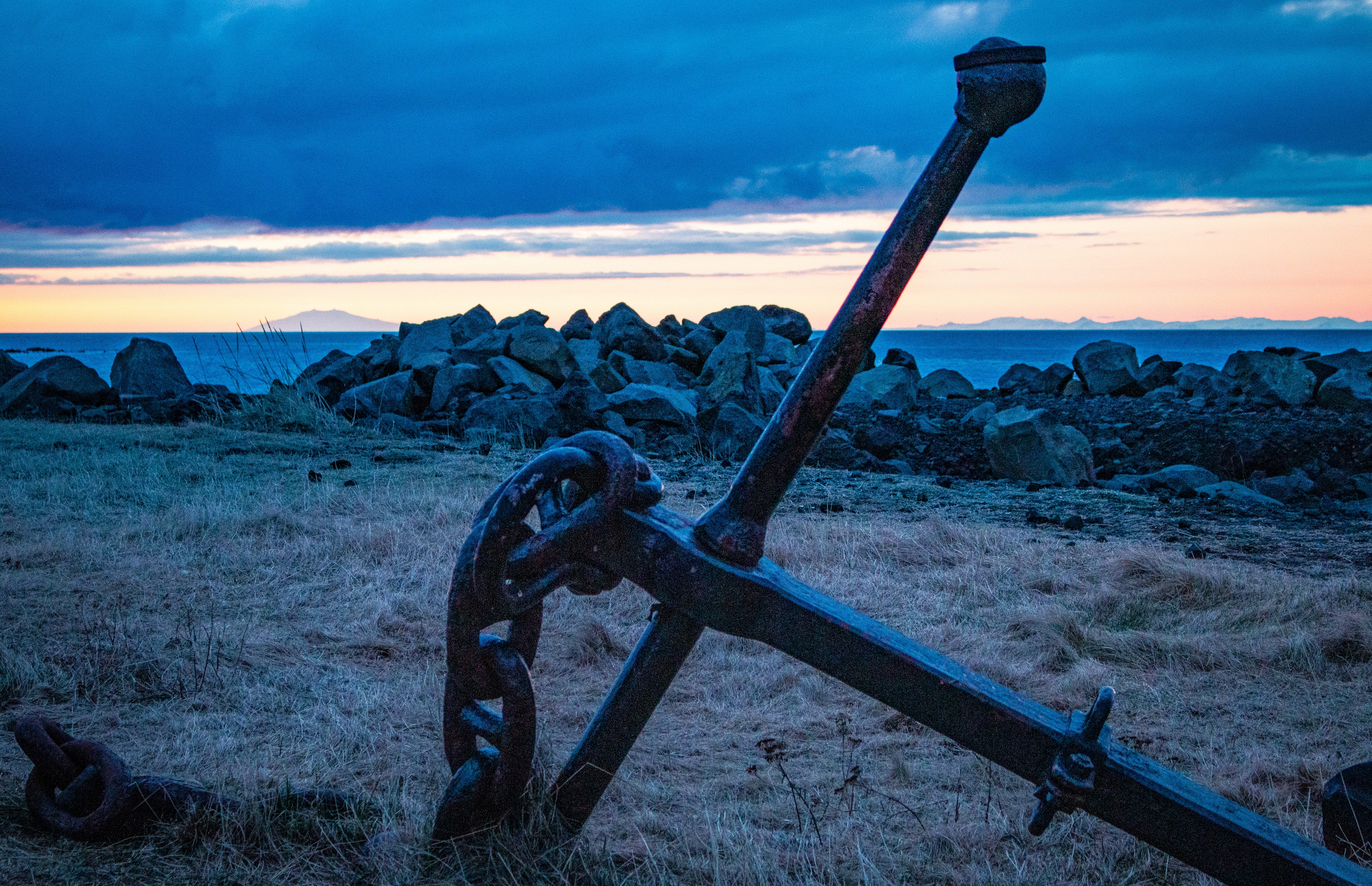landscape, environment, clouds, beach, anchor, history, outdoors, no people, 5K, reykjavik, tranquility, metal, machinery, rock, cloud - sky, HD Wallpaper