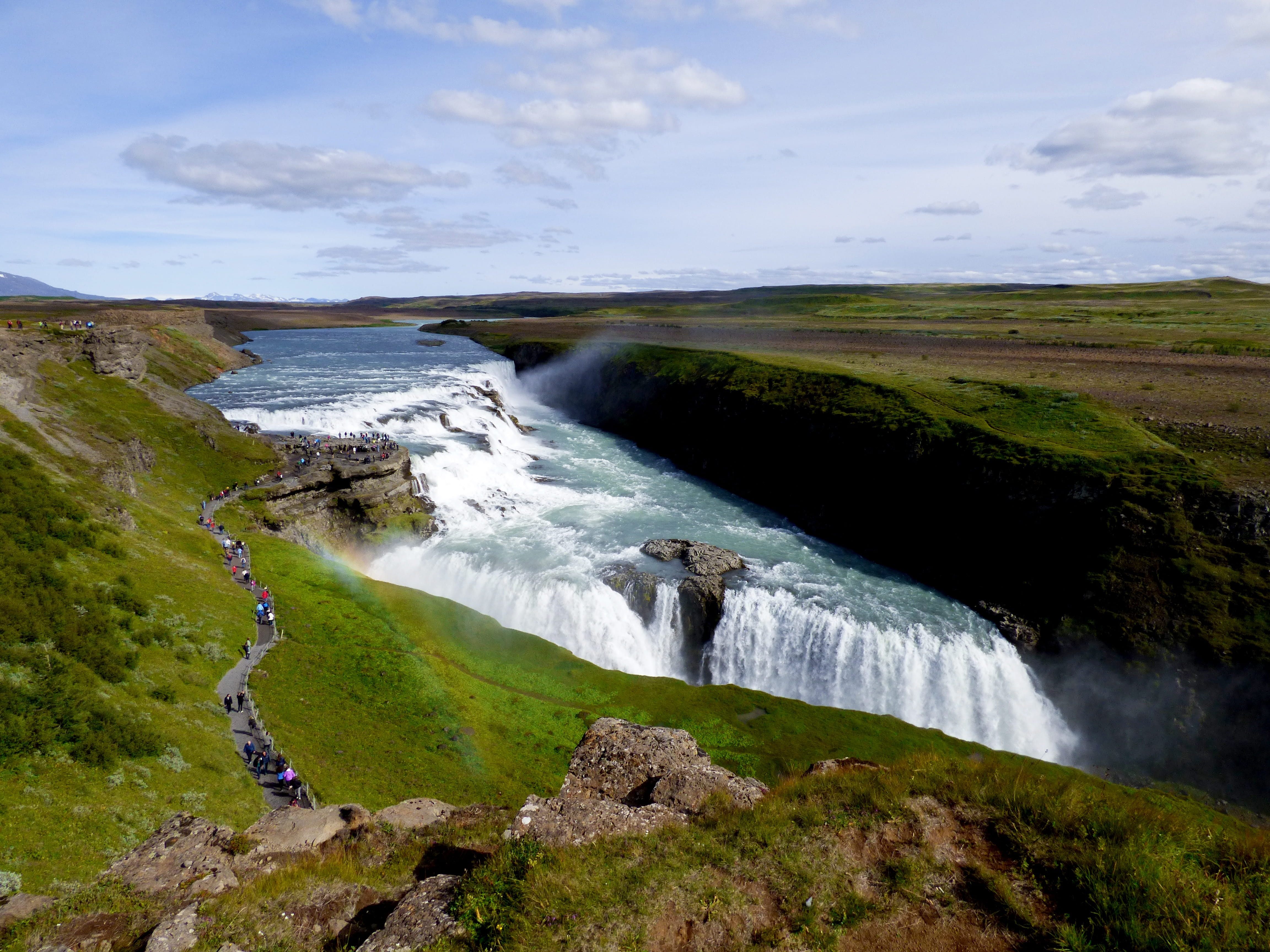 beauty in nature, summer, Waterfall, tundra, cloud - sky, flowing water, powerful, flowing, scenics, river, land, Gullfoss, plant, water, scenics - nature, HD Wallpaper