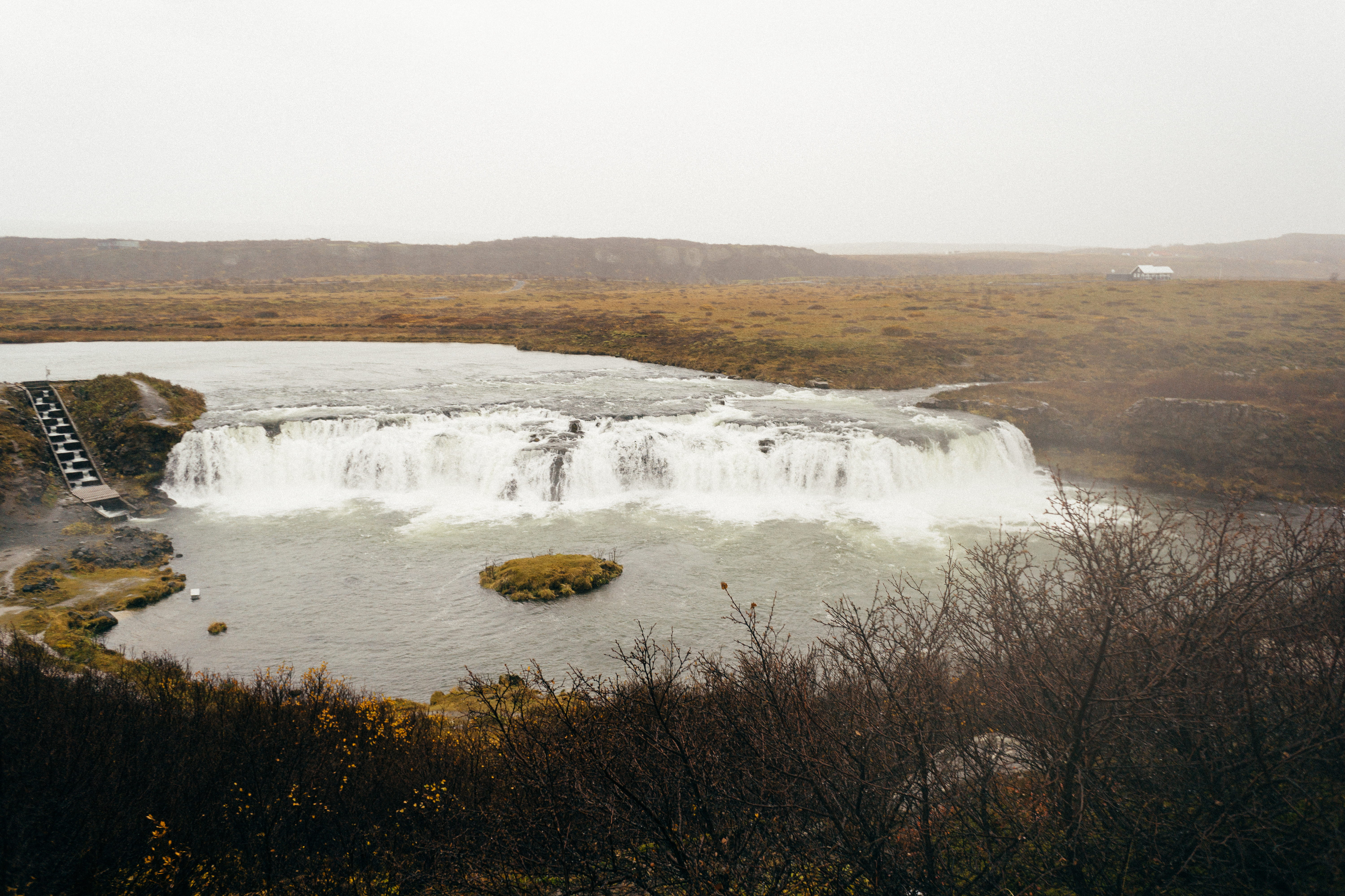 sky, tree, water, gullfossi, non-urban scene, plant, beauty in nature, day, mountain, falls, 5K, nature, landscape, power in nature, flowing water, gullfoss falls, HD Wallpaper