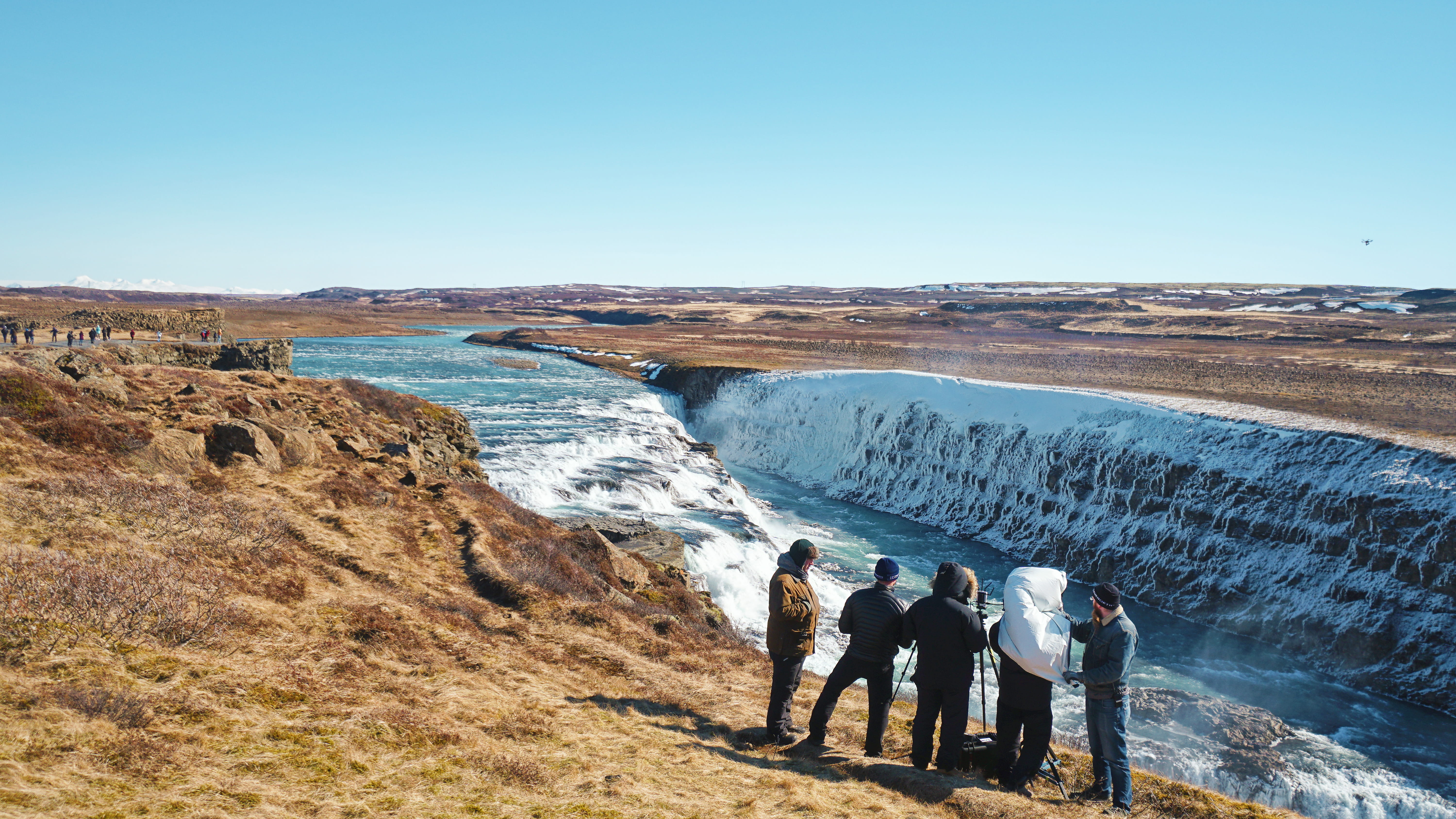 standing, frosty, leisure activity, rear view, scenics - nature, crew, banks, waterfall, 5K, people, sky, clear sky, high angle view, frosted, gullfoss falls, HD Wallpaper