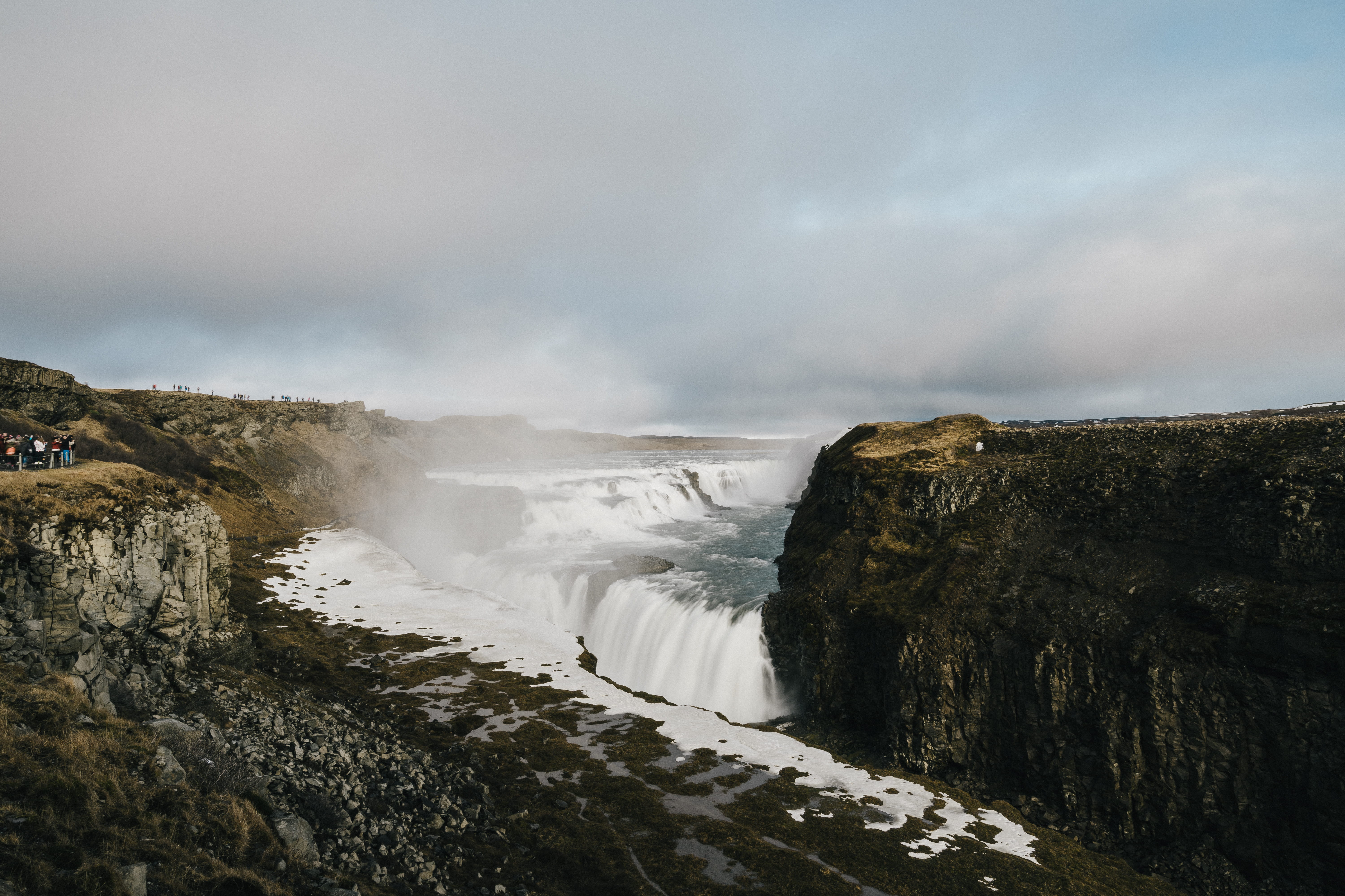 water, scenics - nature, overcast, mountain, iceland, no people, sky, power in nature, mist, nature, gullfoss falls, landscape, power, motion, fog, environment, HD Wallpaper