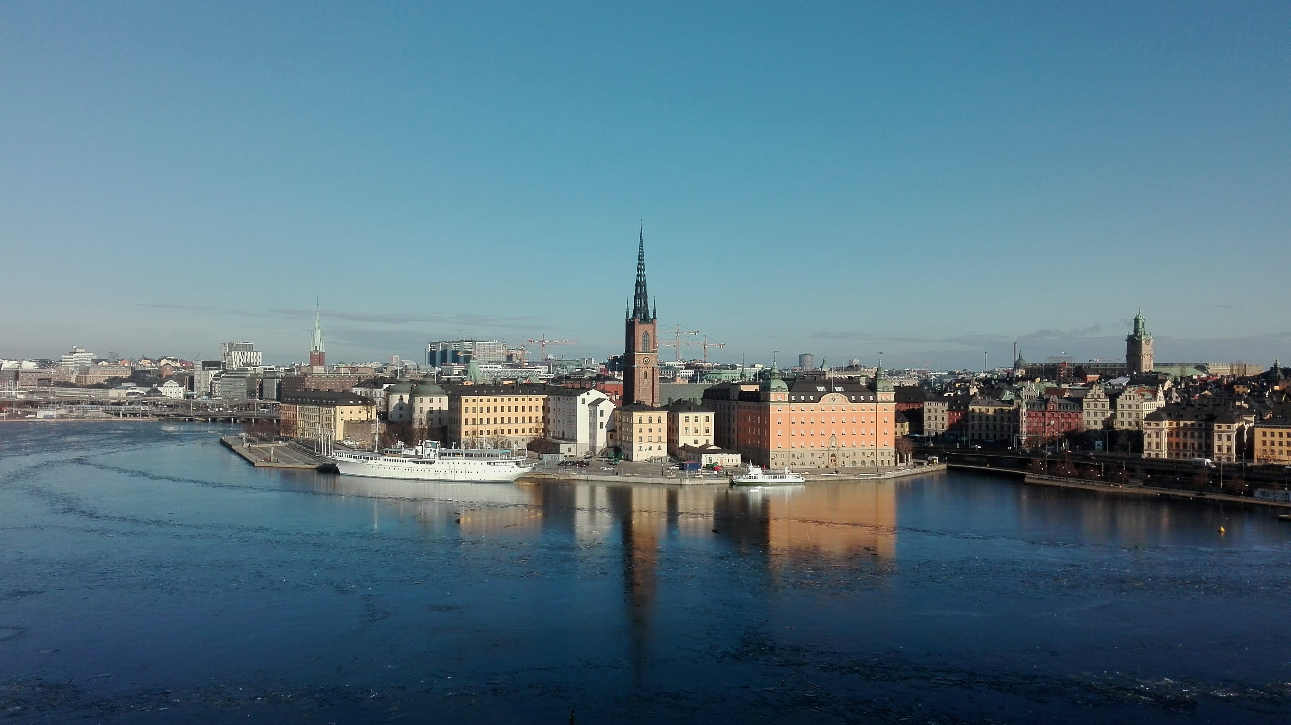 copy space, high, building exterior, stockholm, daytime, built structure, city, winter, near, sea, river, building, church, scandinavia, place of worship, HD Wallpaper
