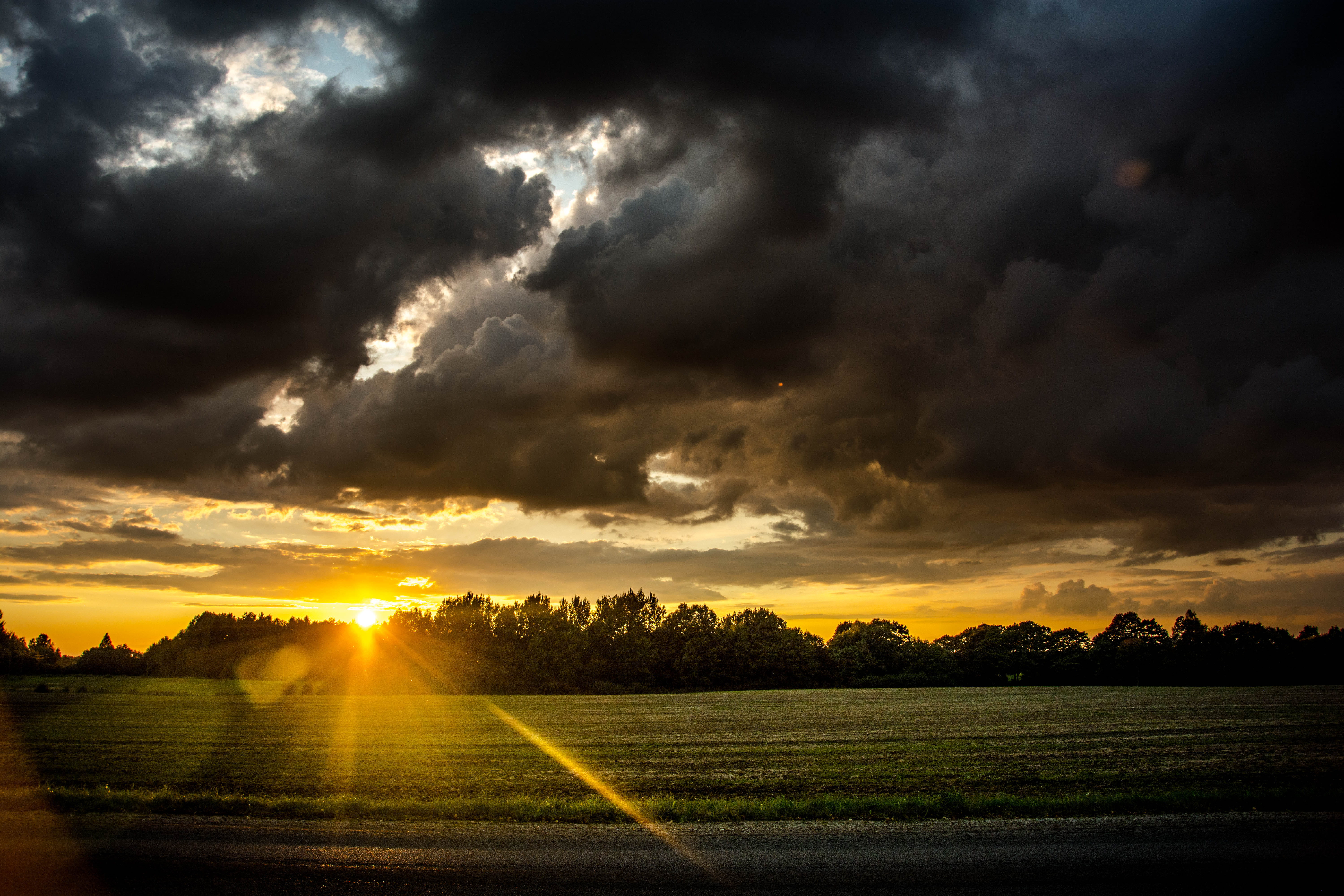 travel, sun, no people, nature, sunset, storm, sky, landscape, field, nordic, plant, sunlight, scenics - nature, beauty in nature, land, tranquil scene, HD Wallpaper