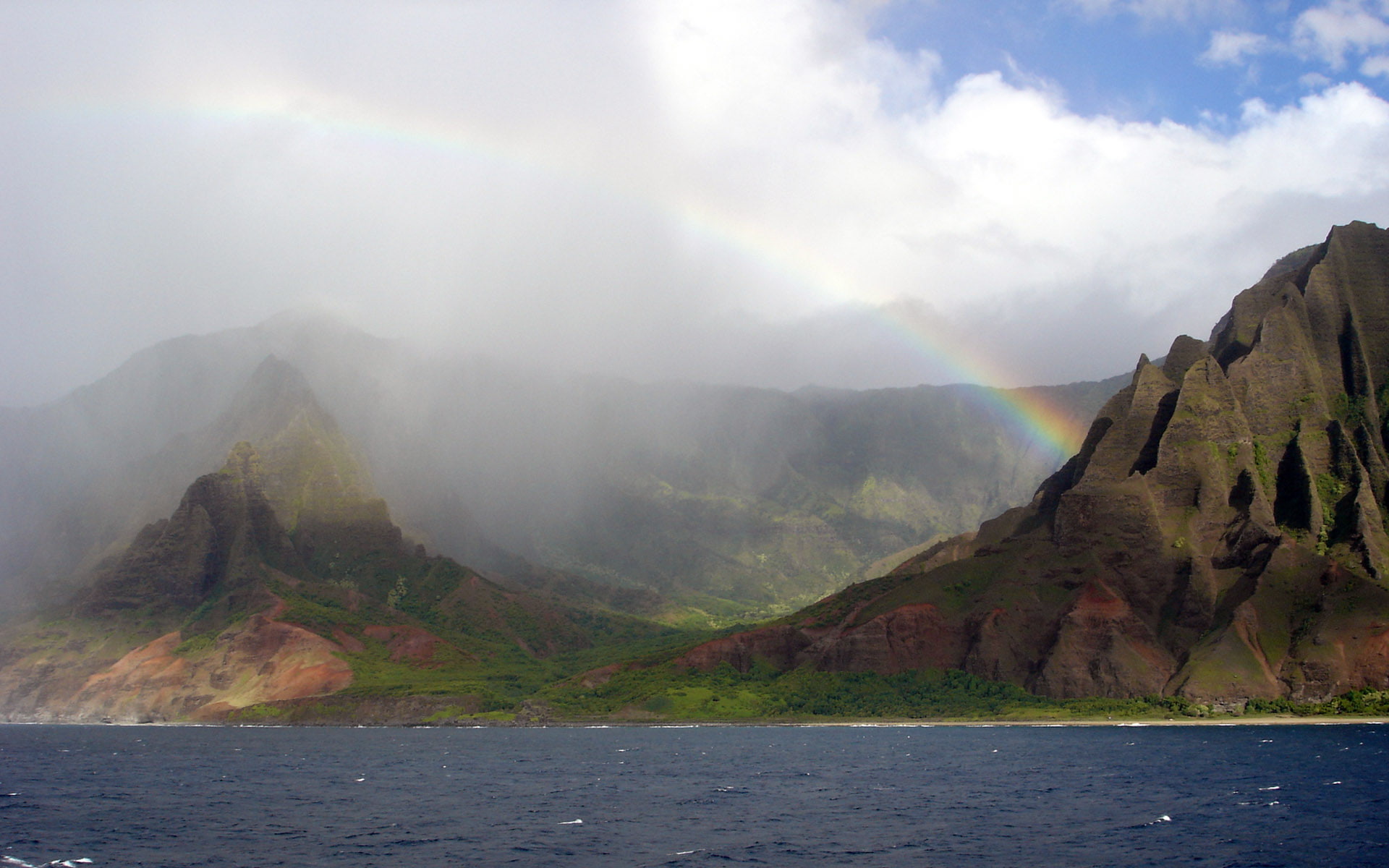 coast, range, rainbow, clouds, 1080P, mountain range, seascape, environment, rainbows, day, landscape, beauty in nature, cloud - sky, fog, waterfront, HD Wallpaper
