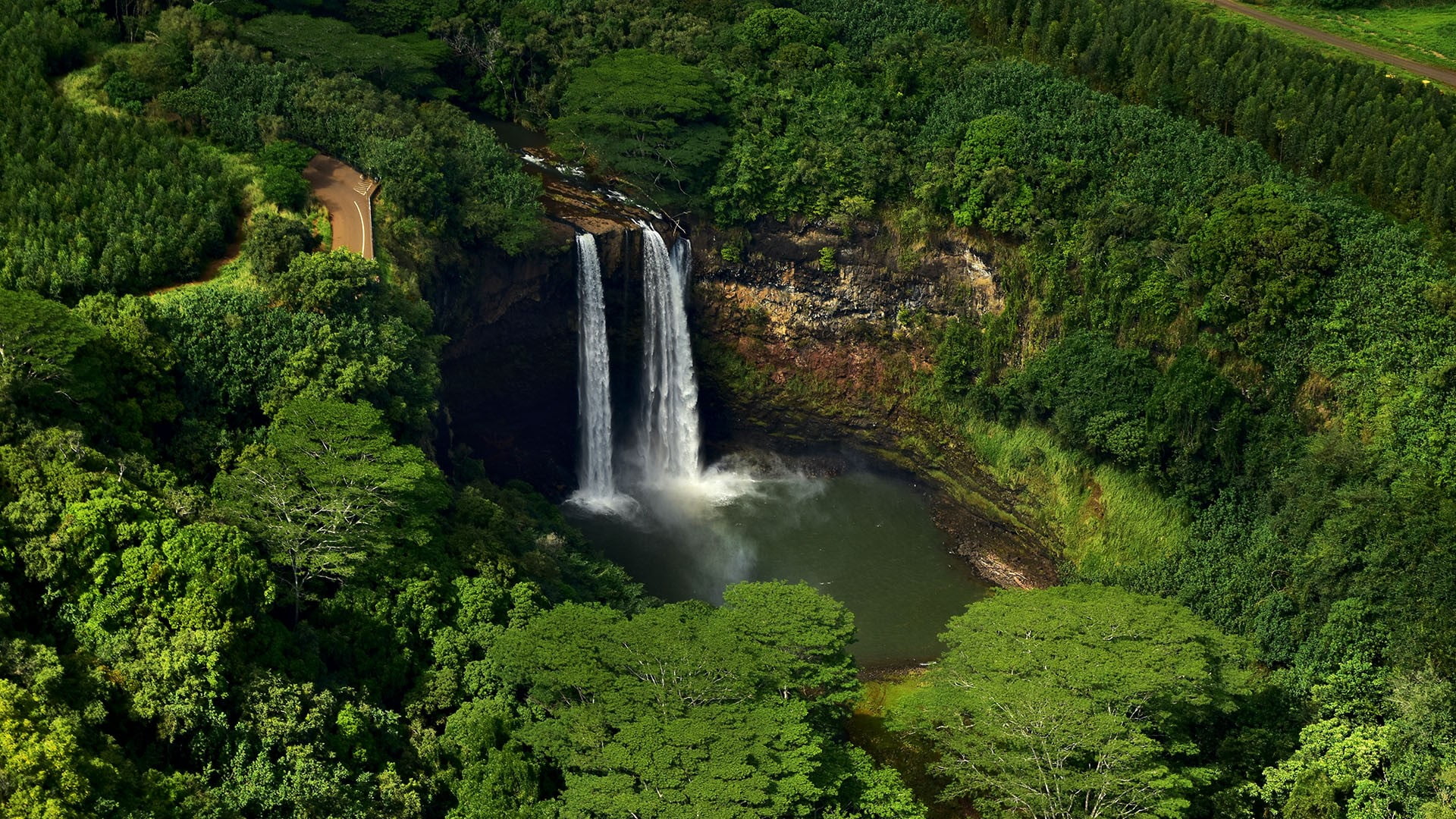 Hawaii, USA, tropical, trees, landscape, aerial, waterfall, nature, Kauai, forest, 1080P, water, HD Wallpaper