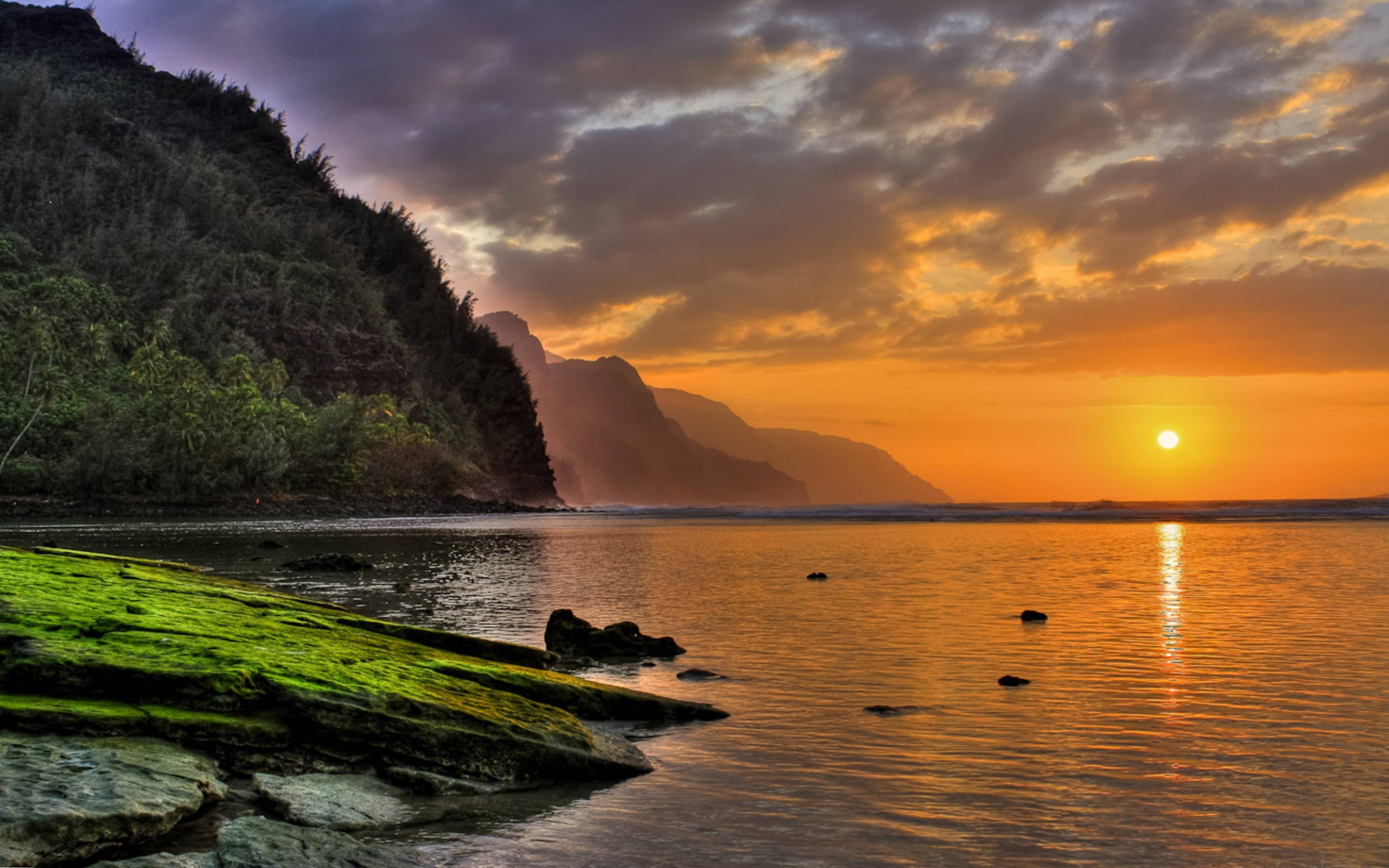north, sunset, 2K, background, glorious, desktop, beach, shore, kauai, kee, hawaii, HD Wallpaper
