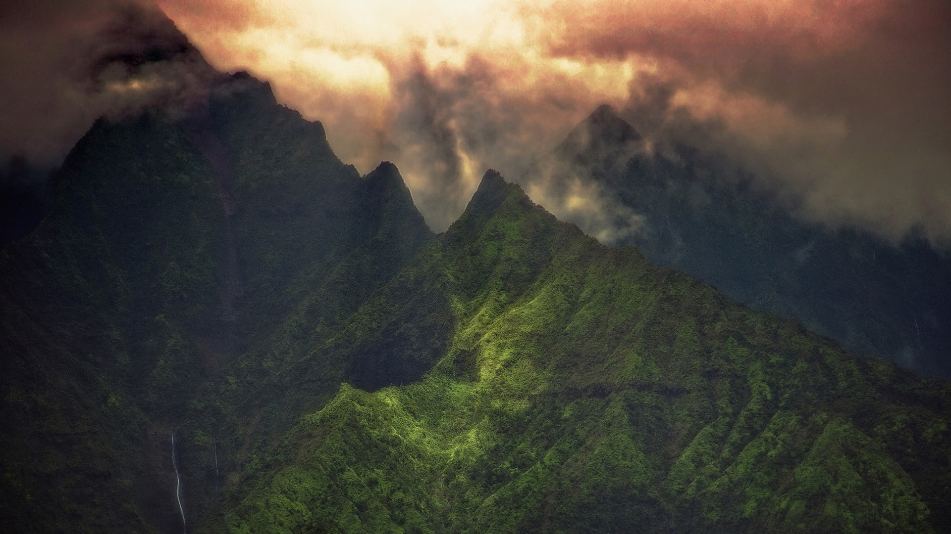landscape, nature, clouds, 1080P, green, summit, Kauai, mountains, creeks, HD Wallpaper