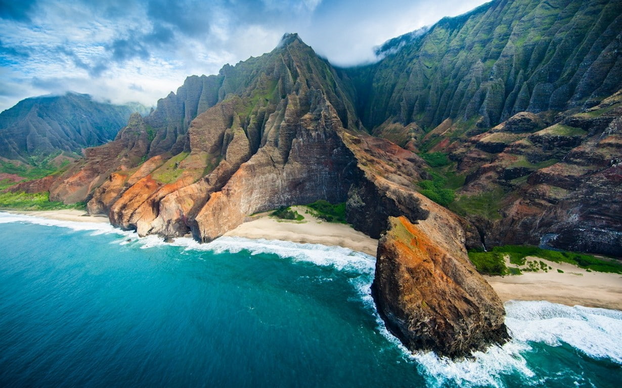 nature, coast, Kauai, sea, aerial view, beach, rock, mountains, island, 480P, landscape, cliff, sand, clouds, HD Wallpaper