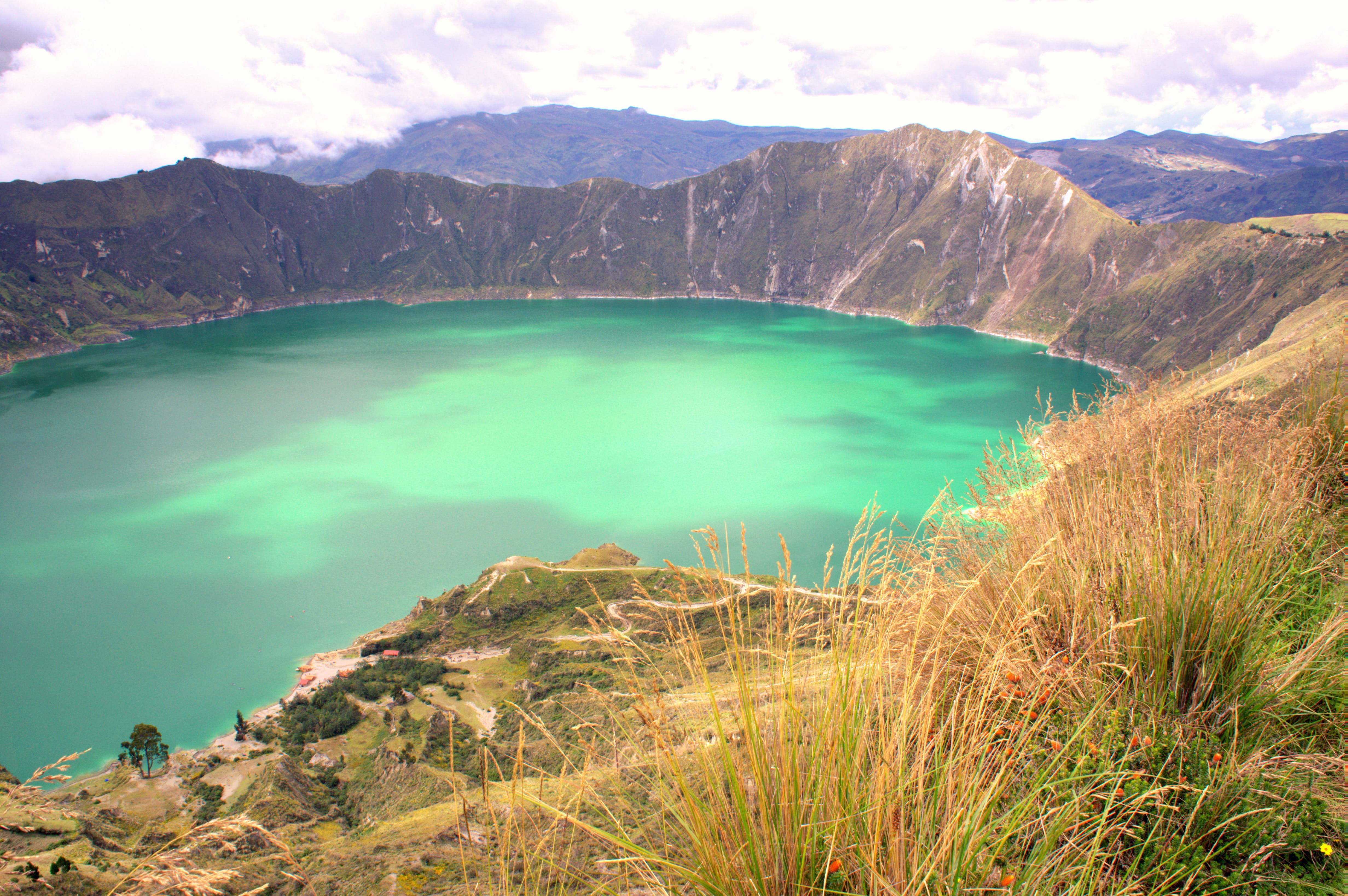 tranquil scene, cloud - sky, mountain range, quilotoa lake, tranquility, landscape, mountain, turquoise colored, scenics - nature, volcanic crater, outdoors, HD Wallpaper