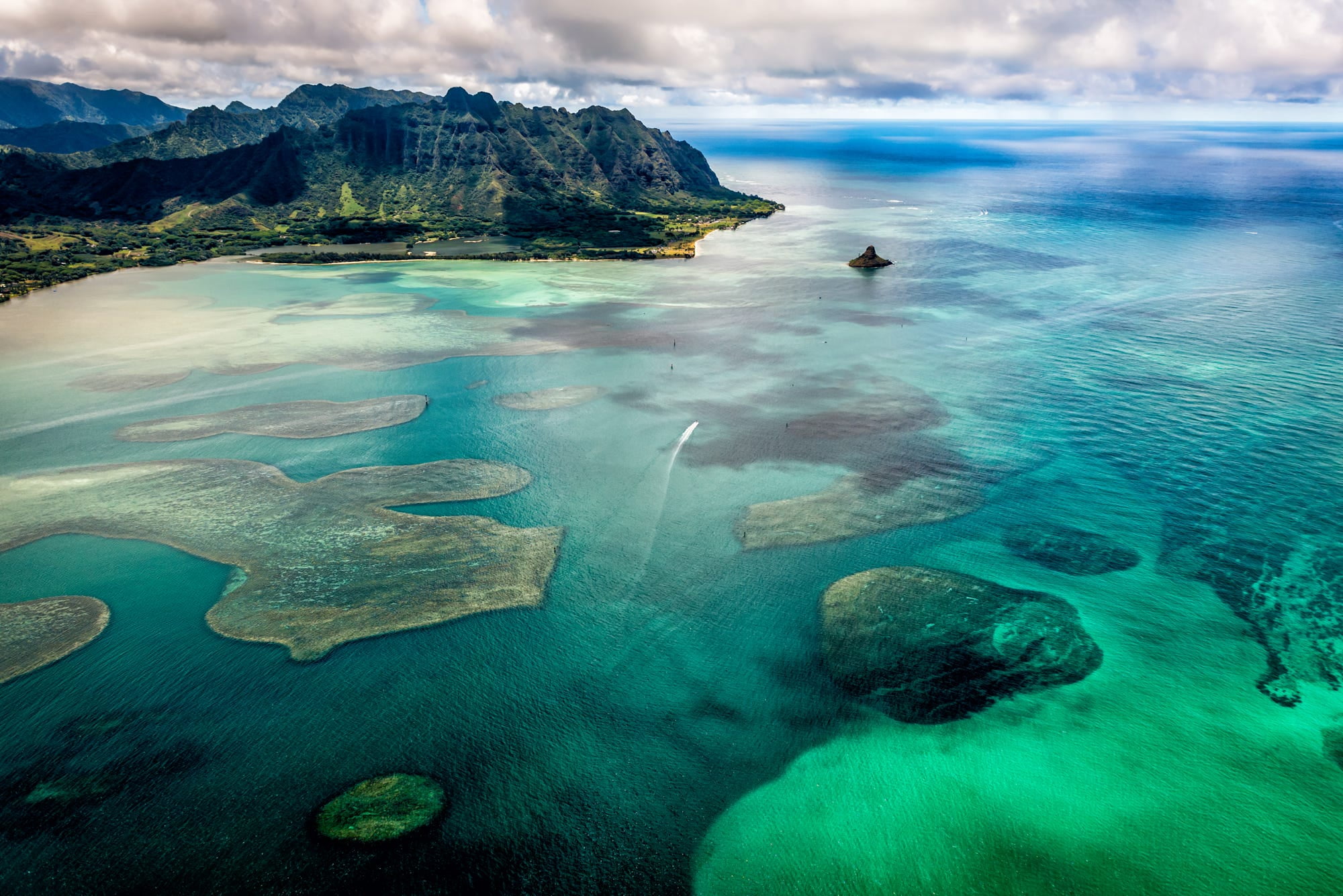 clear, sea, rock - object, mountain, oahu, marine, digital, beauty in nature, undersea, animals in the wild, cloud - sky, sky, clouds, aerial view, birds eye view, HD Wallpaper