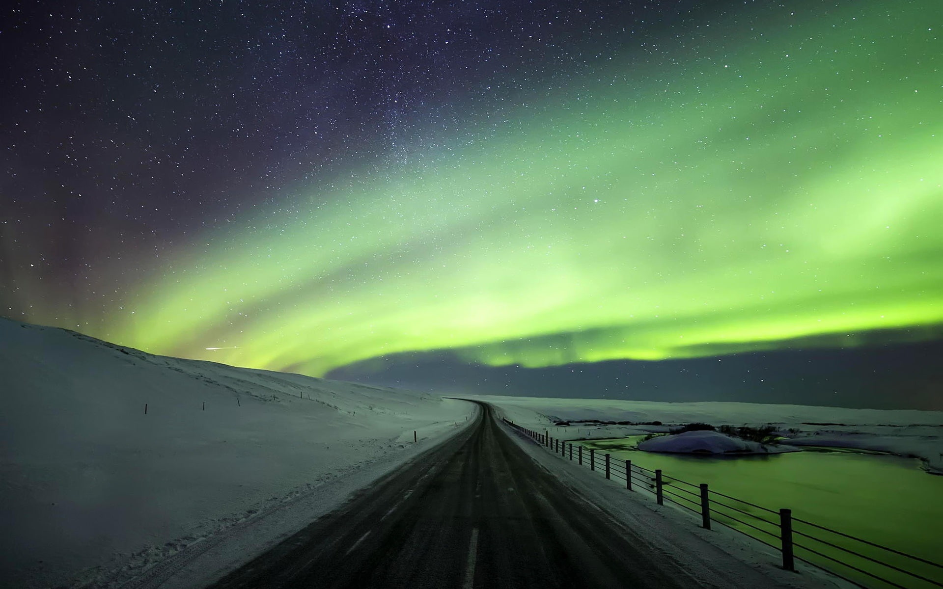 Winter, Lights, Beautiful, 1080P, Iceland, Northern, Road, Snow, HD Wallpaper