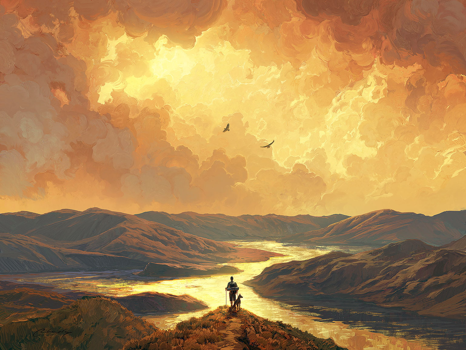 river, sky, birds, mountains, 720P, landscape, digital painting, the traveler, RHADS, dog, clouds, HD Wallpaper