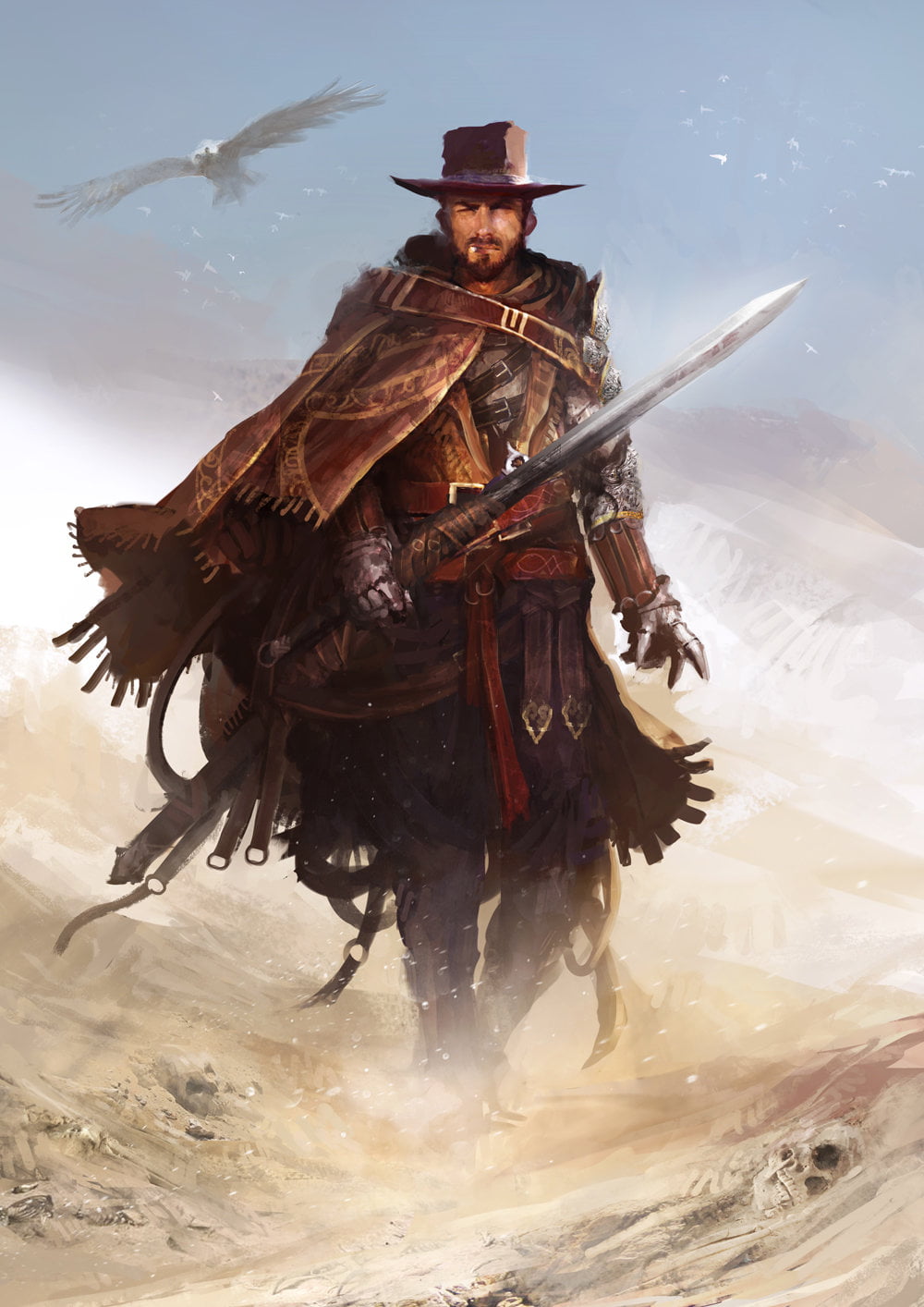 daniel kamarudin, fantasy art, activity, mature adult, day, one person, hat, traditional clothing, 720P, males, rifle, gun, government, wild west, clothing, Phone HD Wallpaper