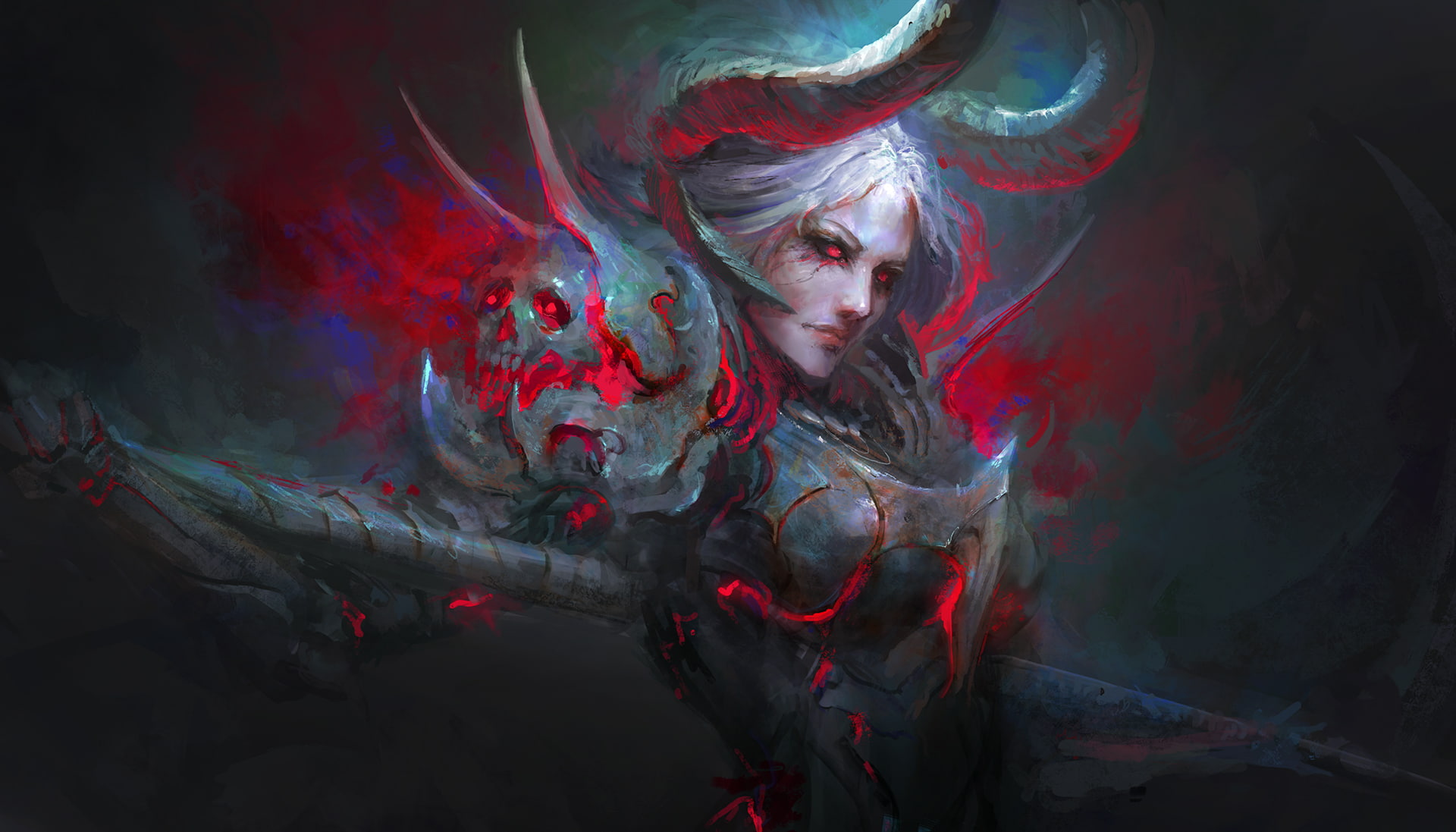 skull, fiction, Daniel Kamarudin, 1080P, look, demoness, armor, art, horns, HD Wallpaper
