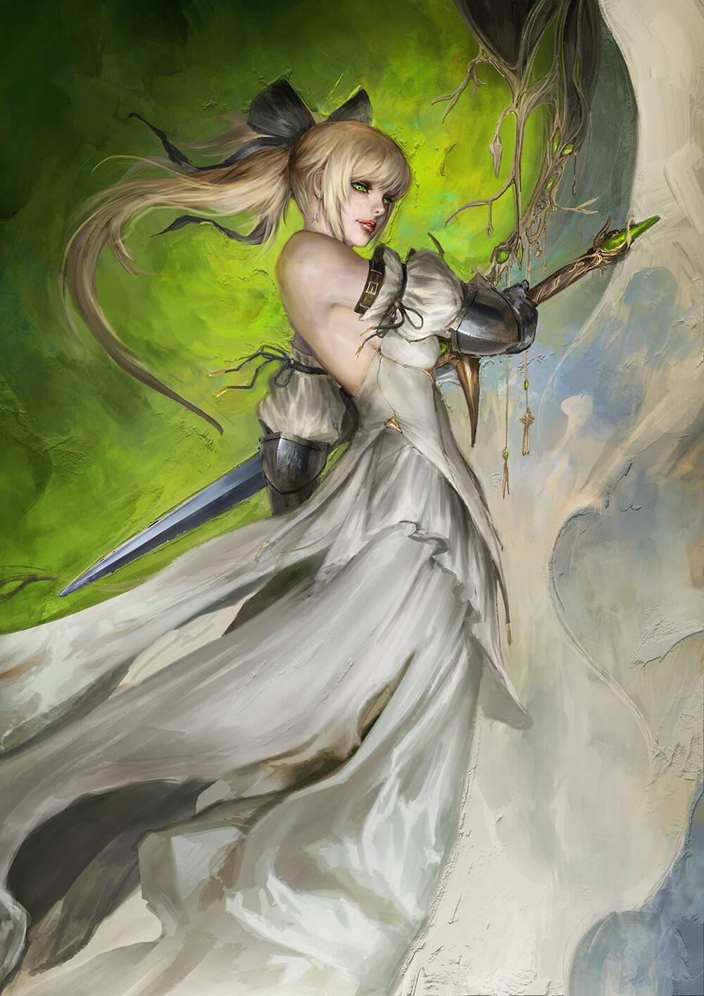 Daniel Kamarudin, blonde, weapon, girls with swords, women, sword, fantasy art, fantasy girl, artwork, green eyes, 720P, dress, Phone HD Wallpaper