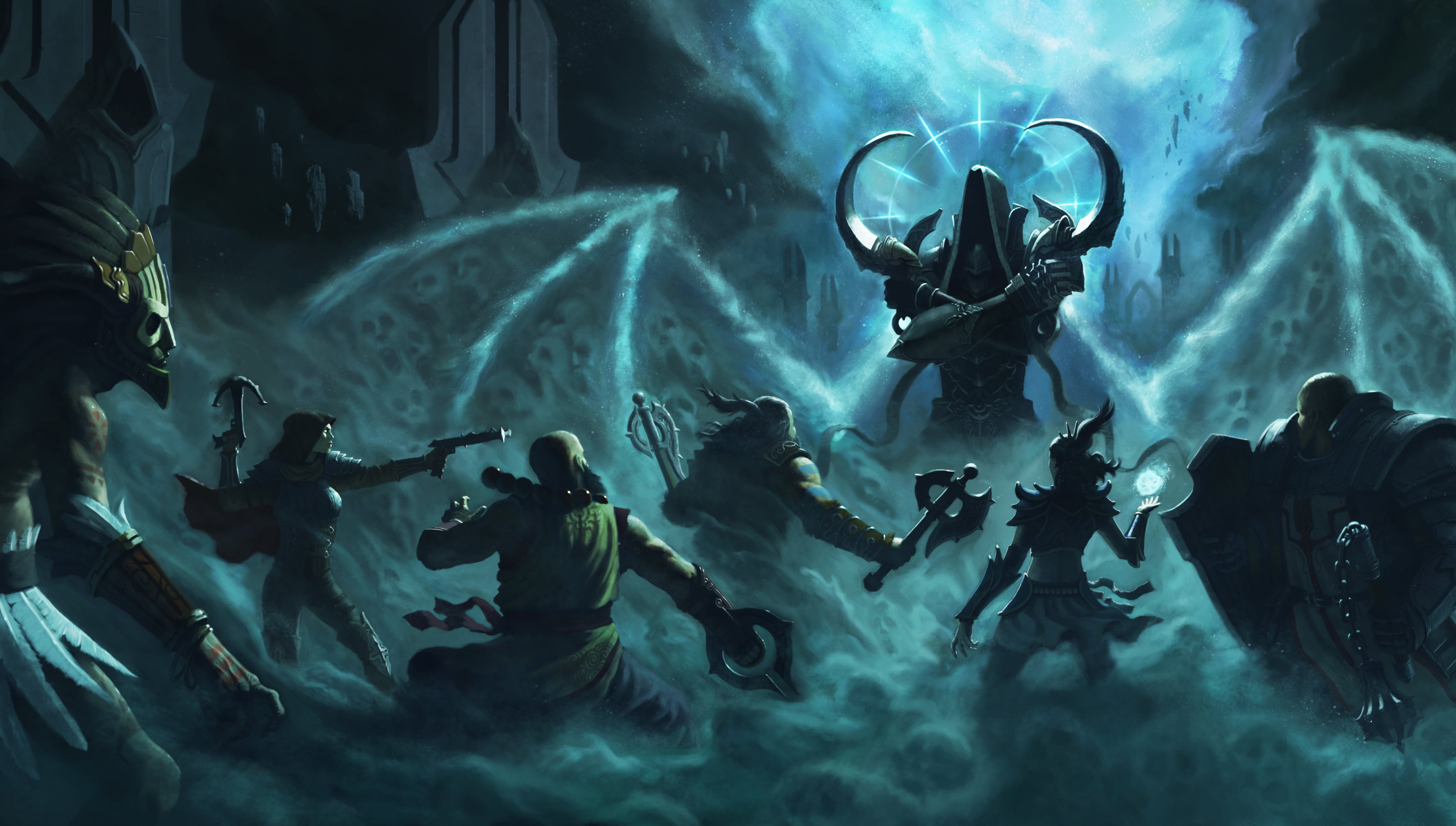 light - Natural Phenomenon, glowing, dark, group of people, monk, Barbarian, fantasy, enjoyment, mystery, 4K, indoors, horror, Diablo 3, people, event, HD Wallpaper