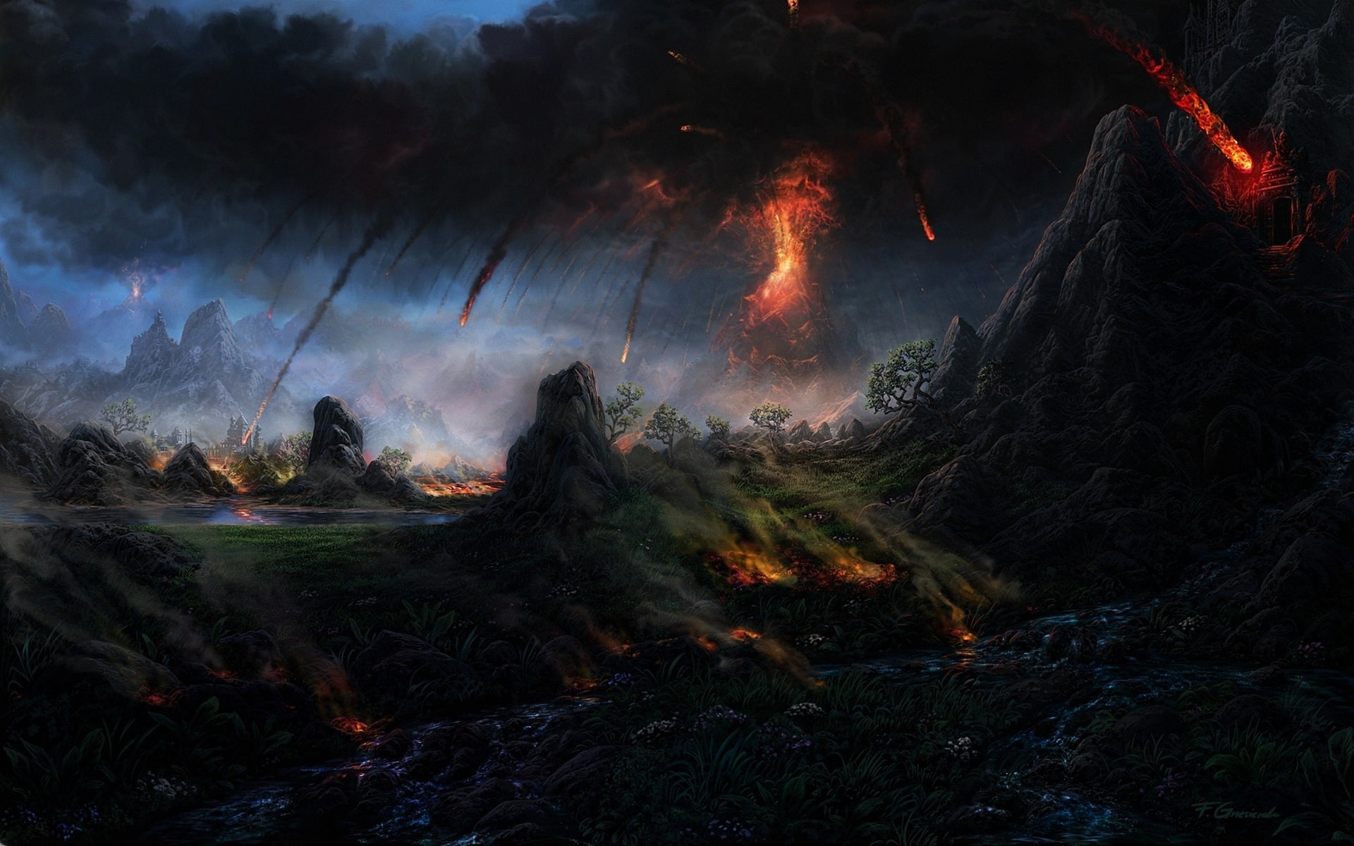 Mountain, Lava, Volcano, Art, 1080P, Trees, Painting, Smoke, HD Wallpaper