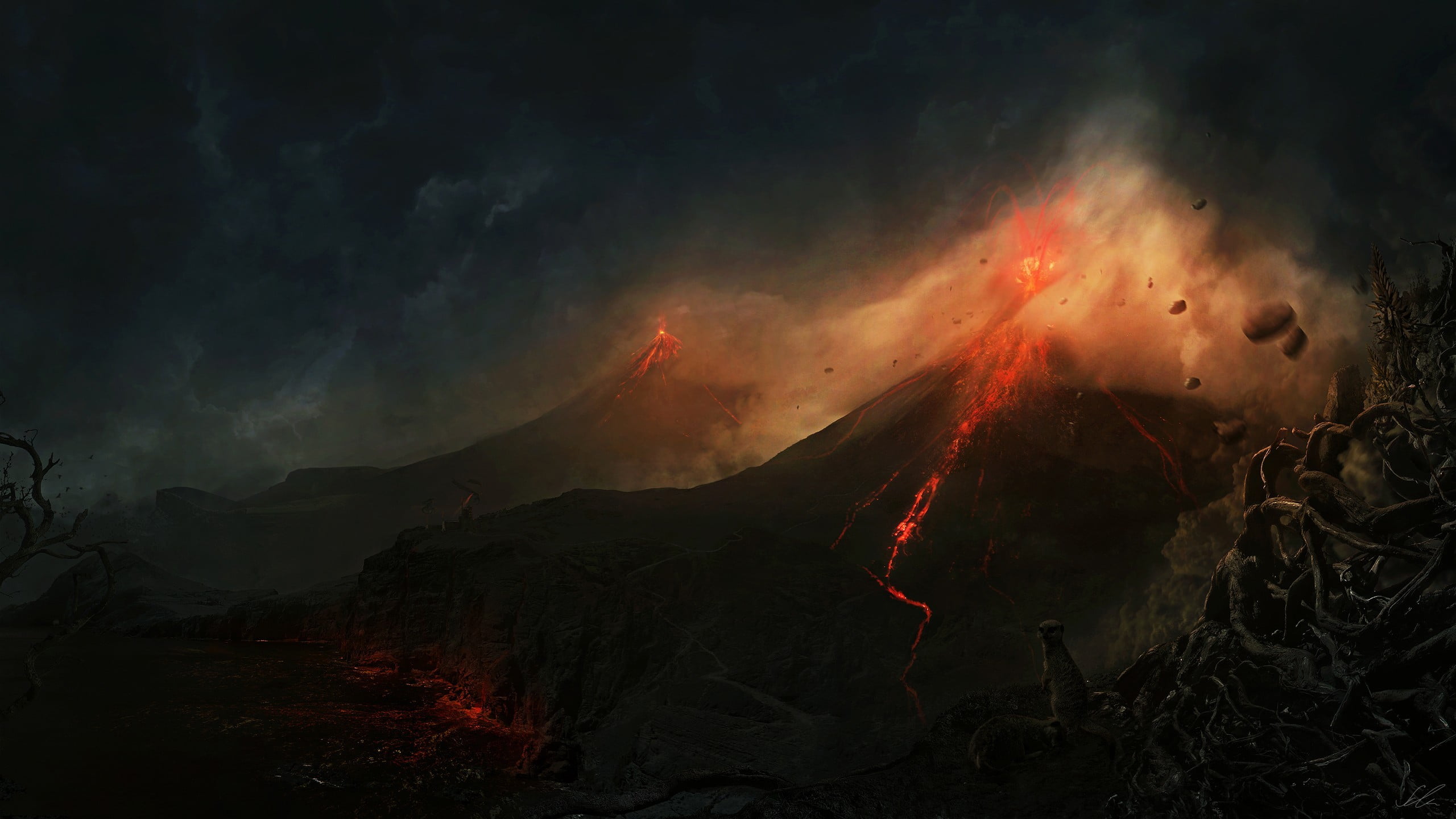 power, erupting, warning sign, environment, flowing, natural disaster, 2K, painting, active volcano, sign, lava, nature, beauty in nature, power in nature, HD Wallpaper
