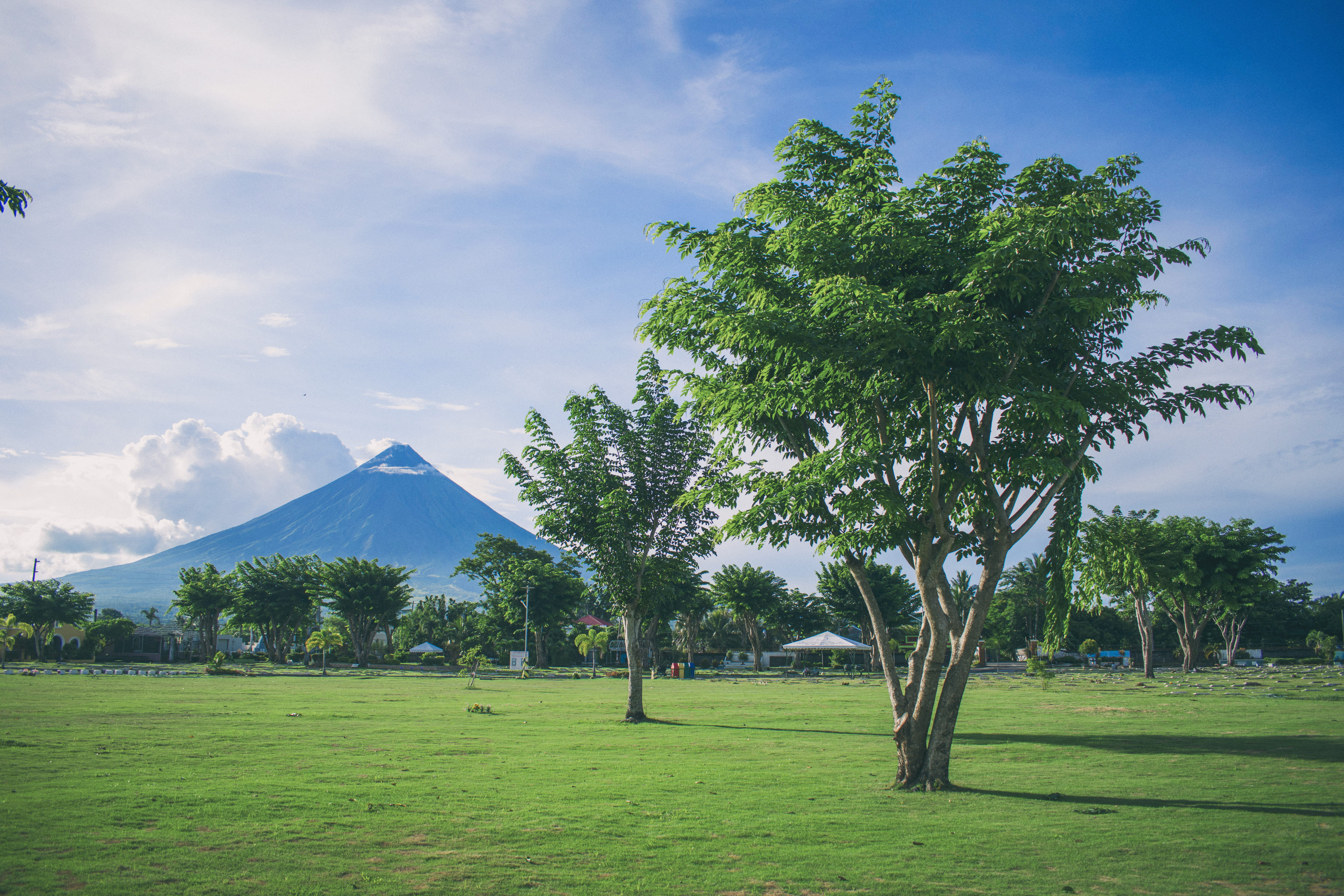 tranquility, landscape, peaceful, no people, blue sky, plant, growth, outdoors, scenics - nature, volcano, cloud - sky, open, daylight, background, mayon, HD Wallpaper