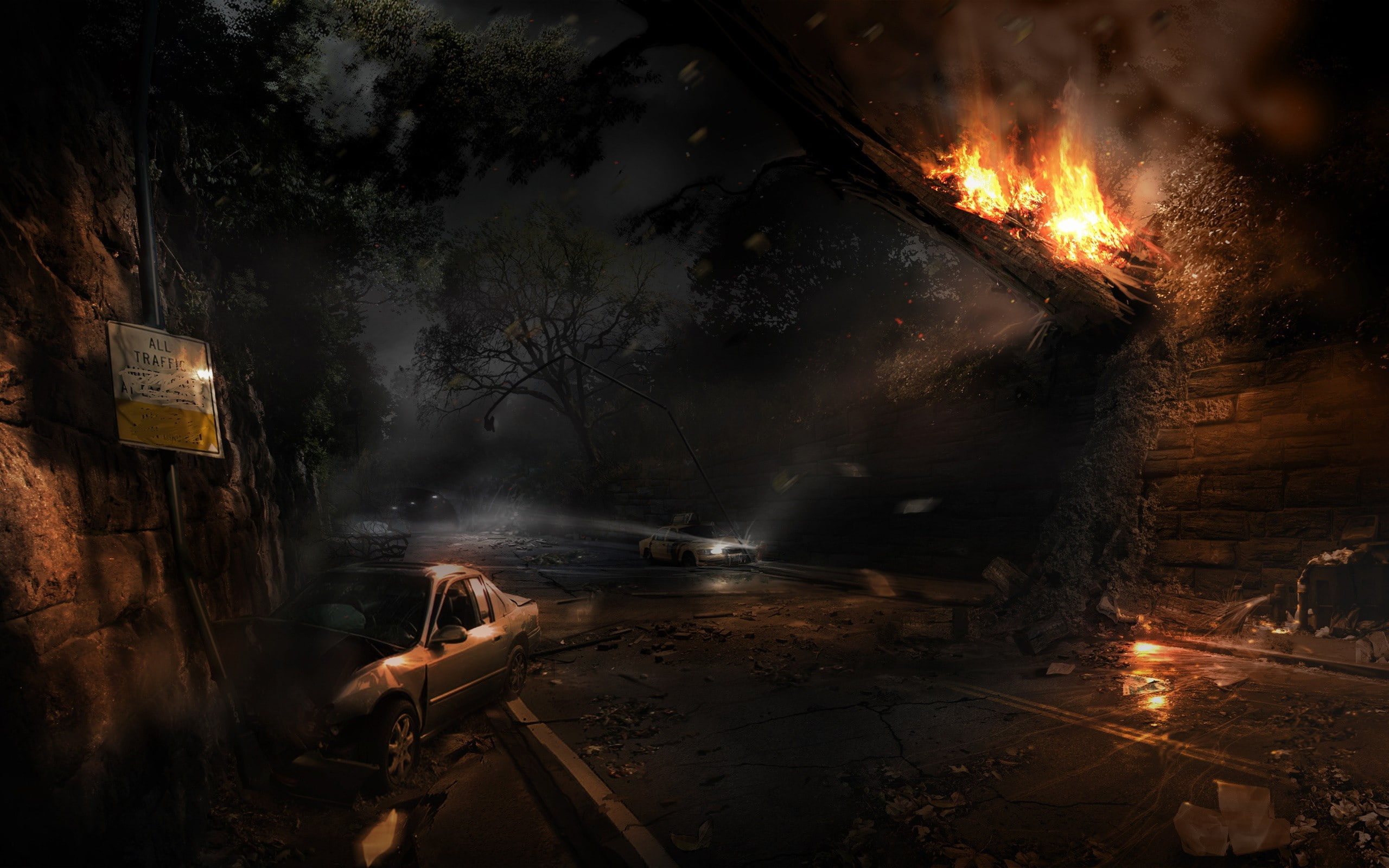 bonfire, night, campfire, men, artwork, illuminated, transportation, nature, one person, outdoors, fire, smoke - physical structure, flame, water, long exposure, HD Wallpaper
