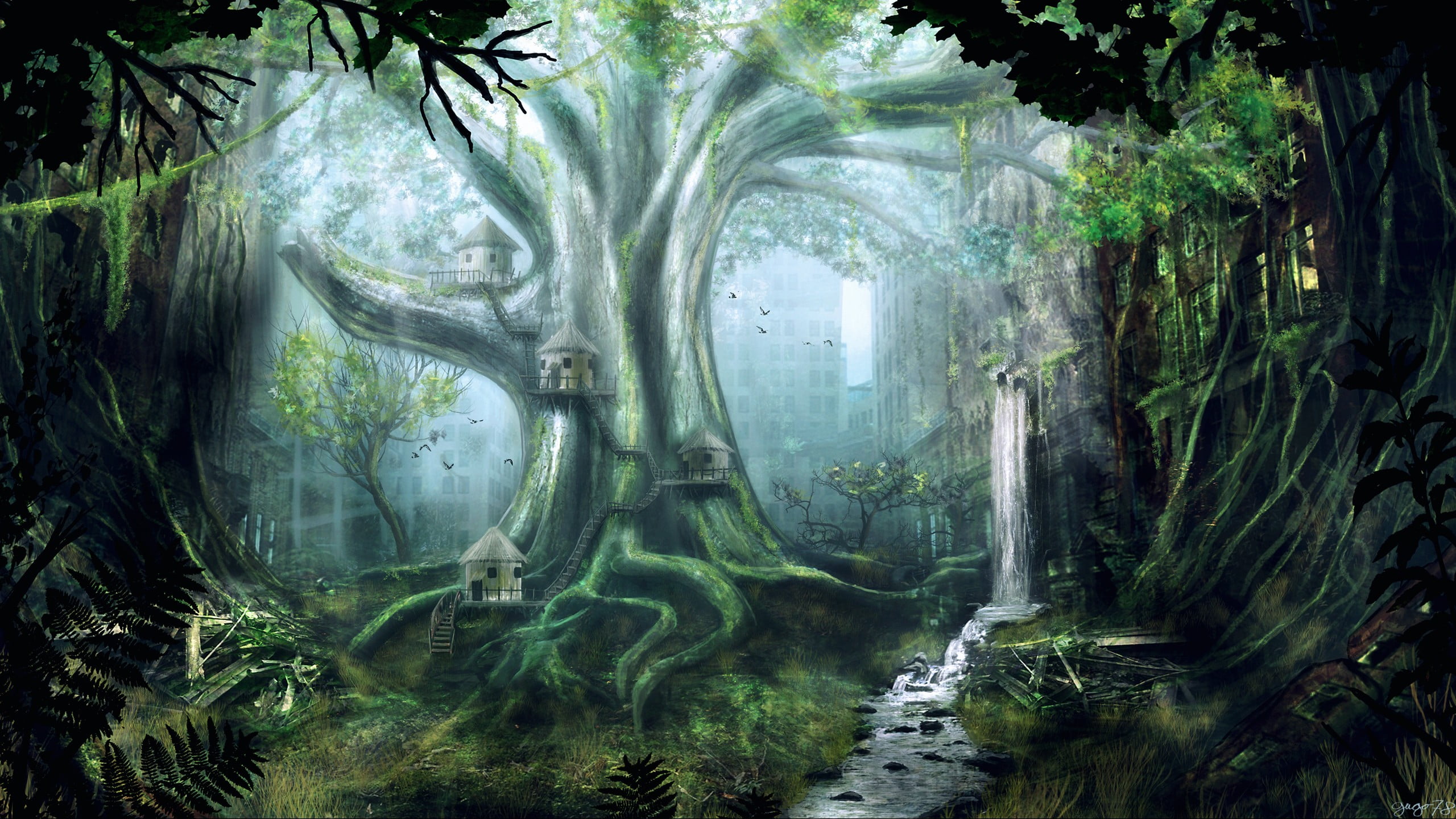 tree, environment, green color, outdoors, ruins, nature, architecture, apocalyptic, tree trunk, waterfall, trees, no people, city, painting, beauty in nature, HD Wallpaper