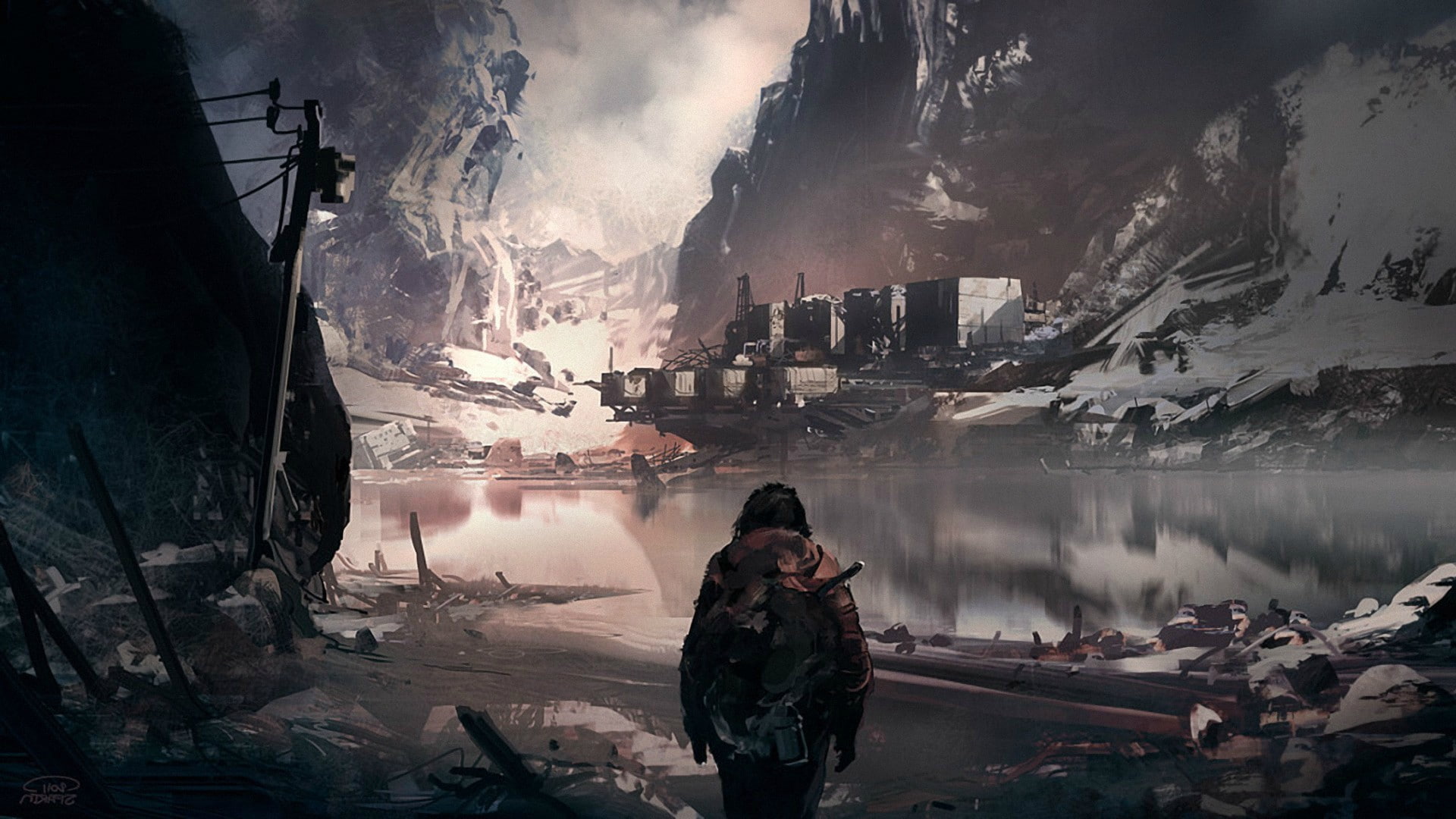 lake, factory, mountains, apocalyptic, 1080P, artwork, snow, cold, futuristic, ruin, HD Wallpaper