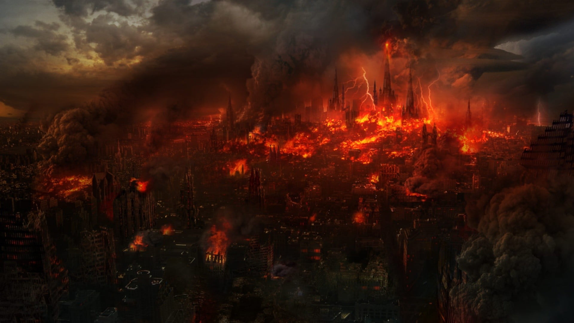 destruction, heat - temperature, apocalyptic, smoke - physical structure, architecture, 1080P, flame, fire, high angle view, artwork, outdoors, HD Wallpaper