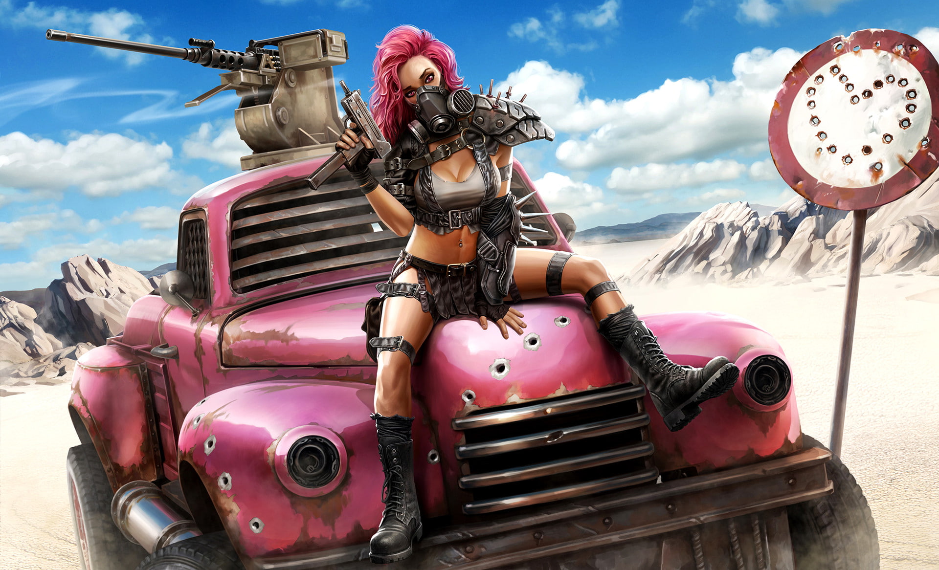artwork, crossout, pink hair, Jeep, apocalyptic, 1080P, HD Wallpaper