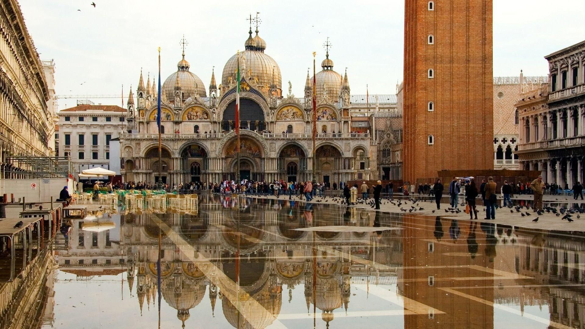 venice, people, san, piaza, 1080P, flood, piazza, flooded, nature and landscapes, marco, cathedral, HD Wallpaper