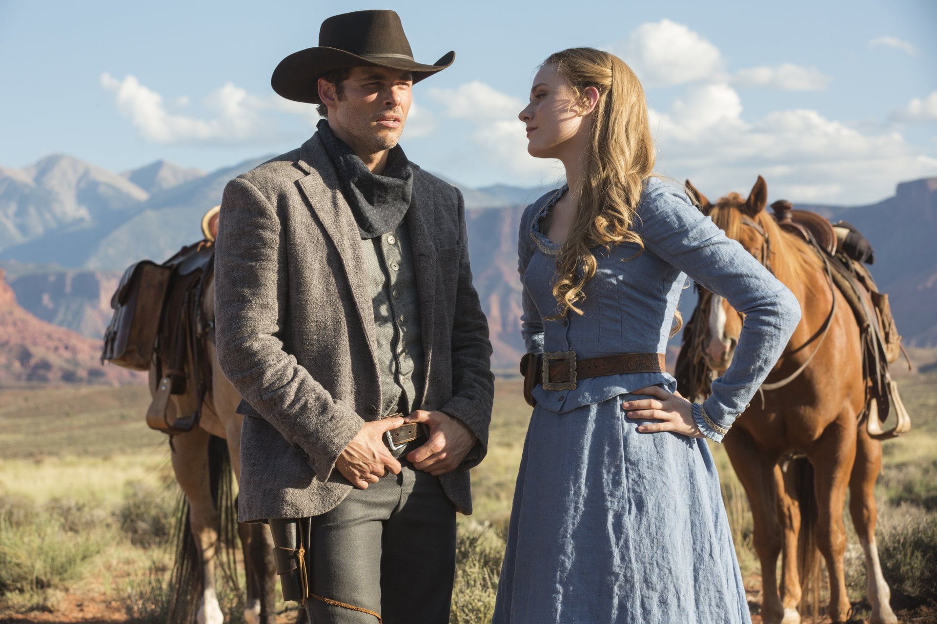 James Marsden, Evan Rachel Wood, three quarter length, 1080P, hat, nature, Dolores Abernathy, lifestyles, young women, real people, land, men, outdoors, HD Wallpaper