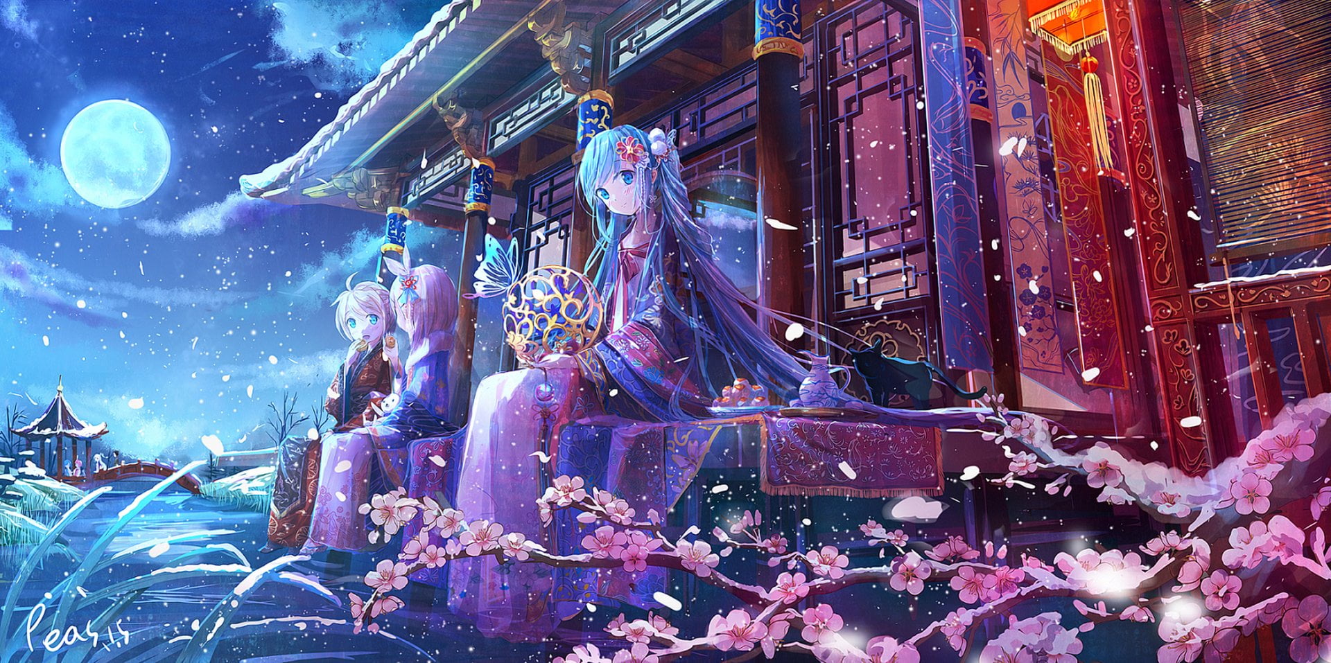Oriental, Snowfall, haired, Hatsune Miku, Vocaloid, Aqua Eyes, Japanese Clothes, 1080P, statue, illuminated, religion, built structure, outdoors, character, HD Wallpaper