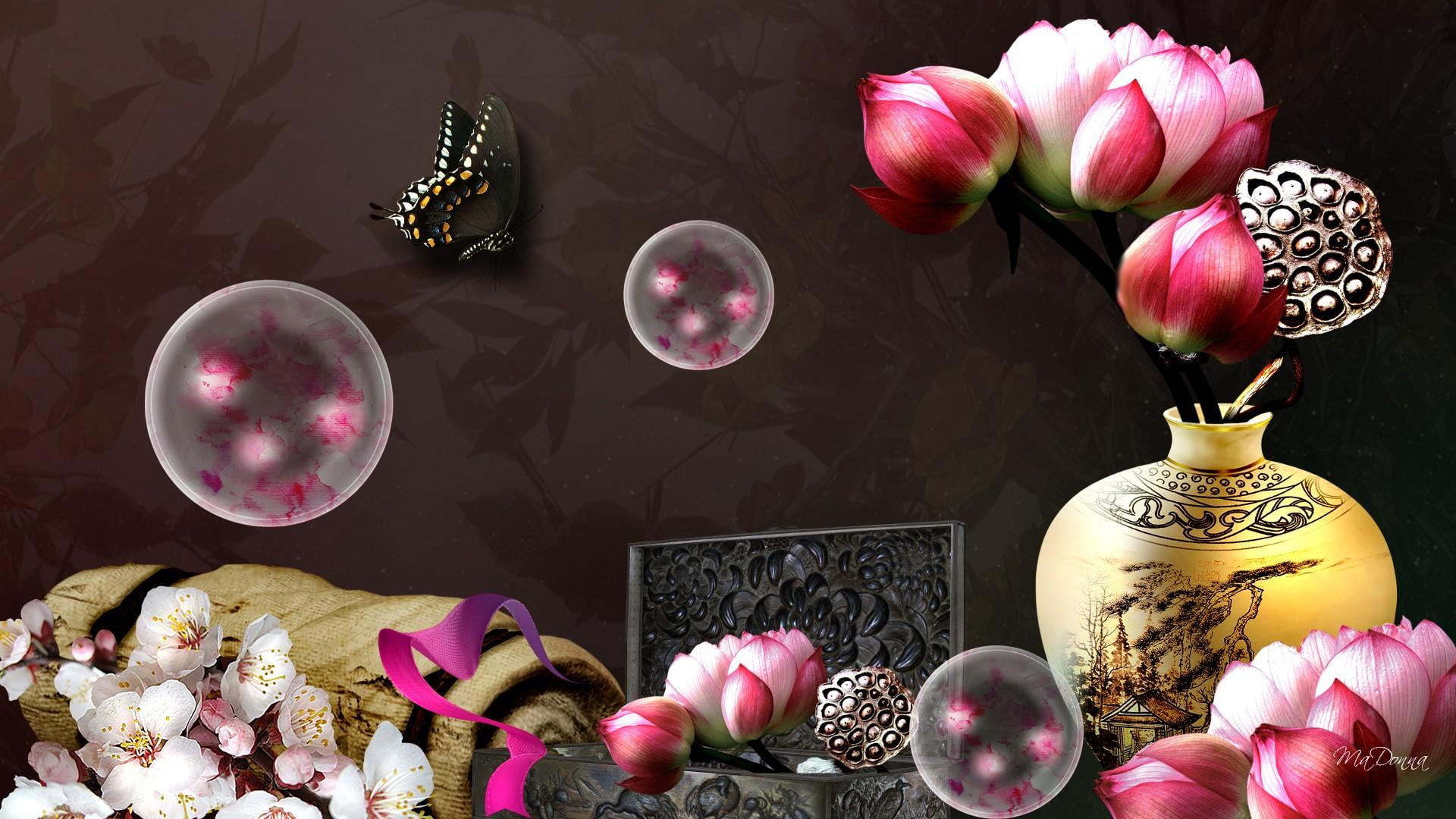 cherry blossoms, vase, fleurs, elegance, bubbles, papp, bamboo, chinese, flowers, oriental, peonies, 1080P, butterfly, HD Wallpaper