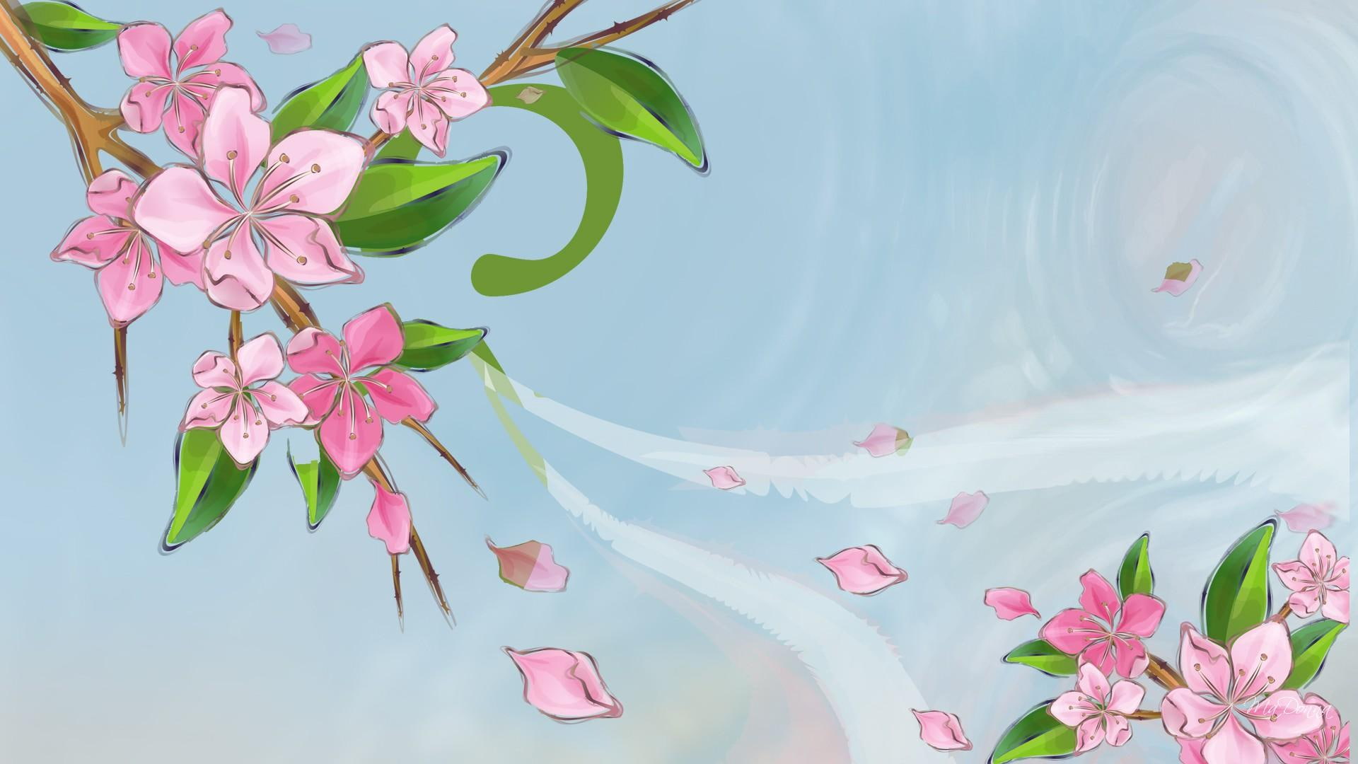 illustration, 1080P, oriental, blowing, breeze, sakur, blossoms, sakura, spring, flowers, apple blossoms, blooms, cherry blossoms, HD Wallpaper
