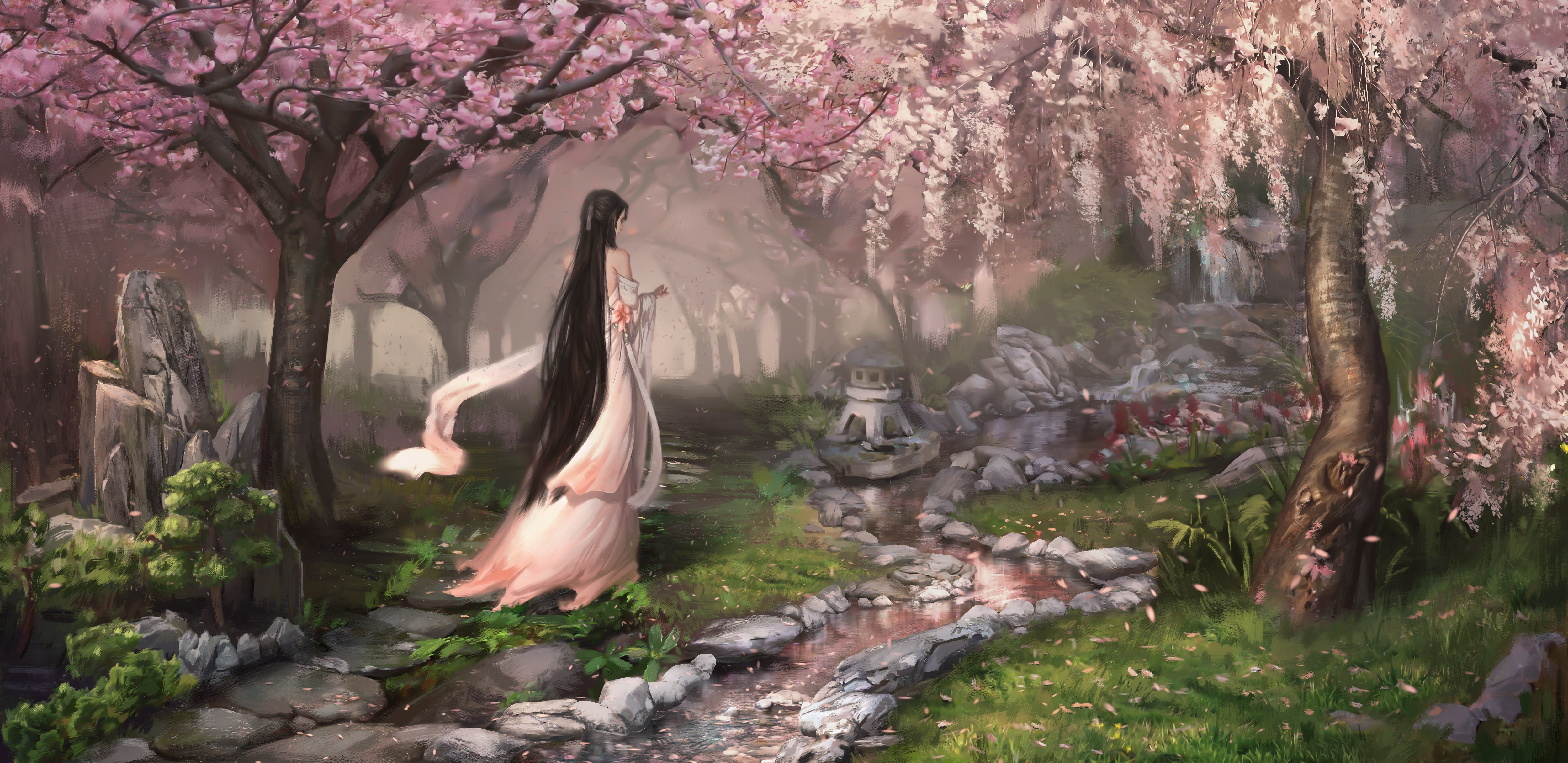 Women, Sakura, Fantasy, Long Hair, Brown Hair, Woman, Tree, Oriental, Girl, Cherry Blossom, 4K, Artistic, HD Wallpaper