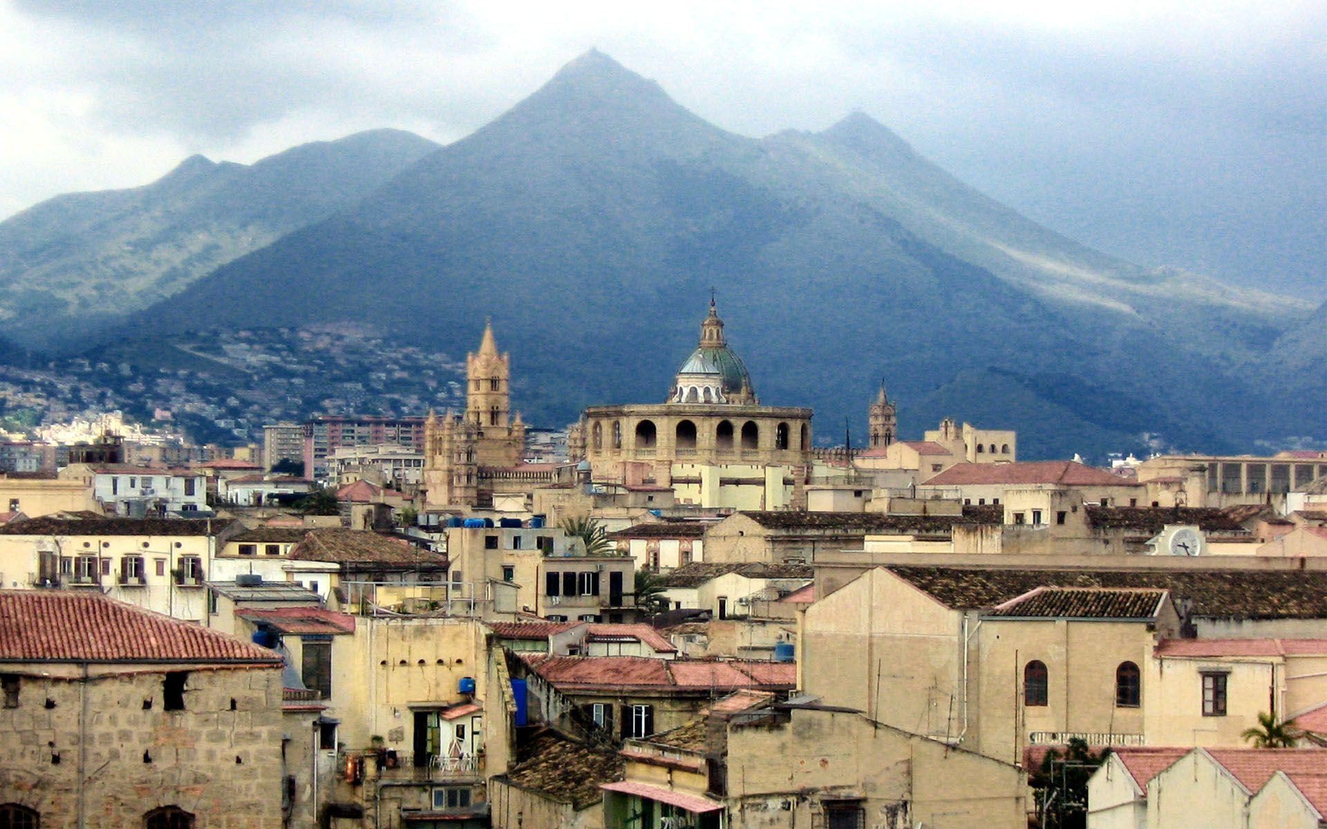 mist, sicily, paint, cathedral, house, mountain, nature and landscapes, 1080P, brown, city, palermo, old, wall, HD Wallpaper
