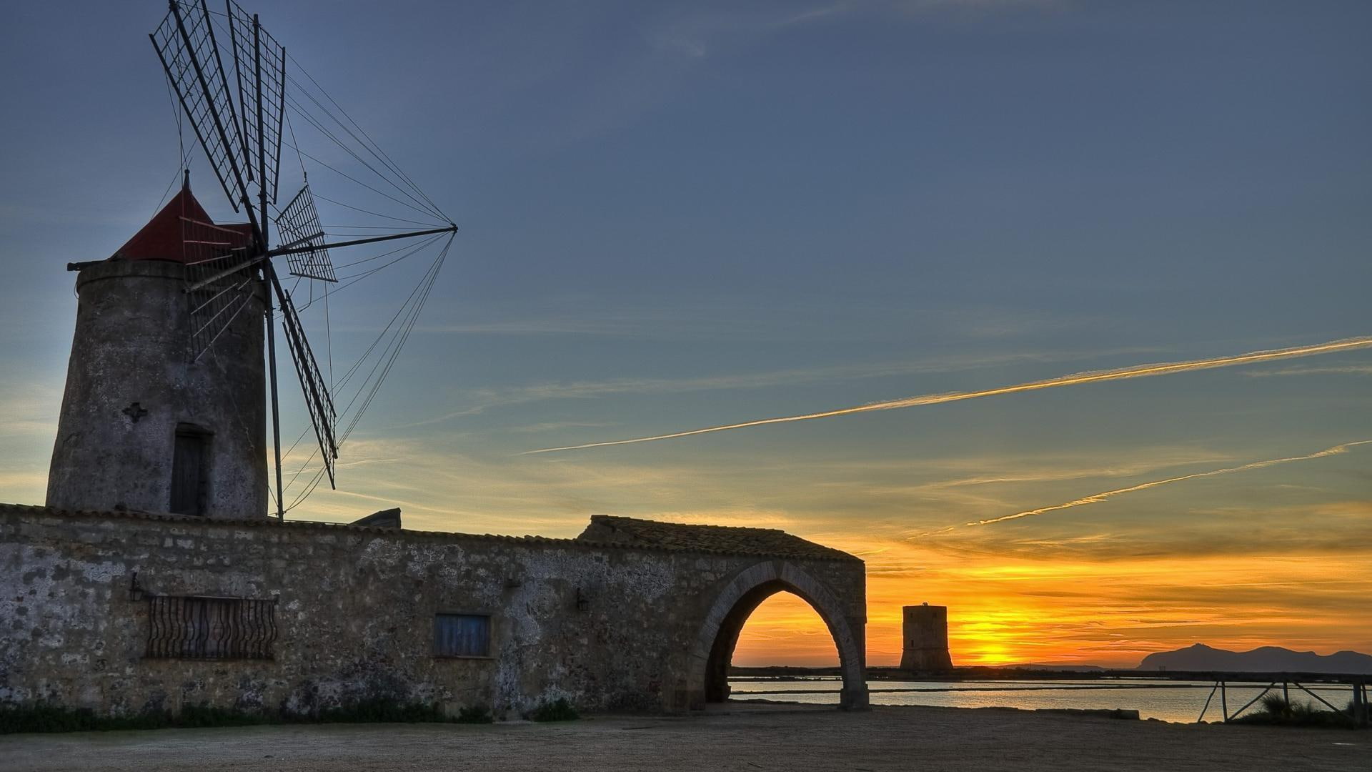harbor, paceco, 1080P, sunset, windmill, italy, nature and landscapes, beach, sicily, HD Wallpaper