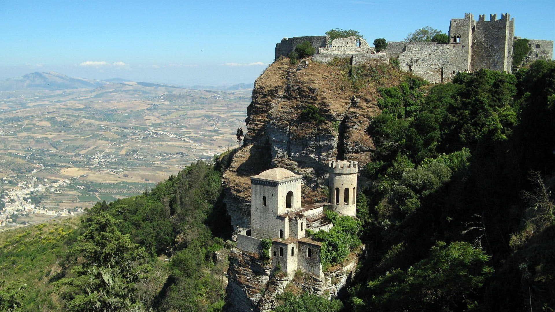 nature and landscapes, sicily, castle, ruins, 1080P, cliff, erice, mountain, ancient, italy, valley, HD Wallpaper