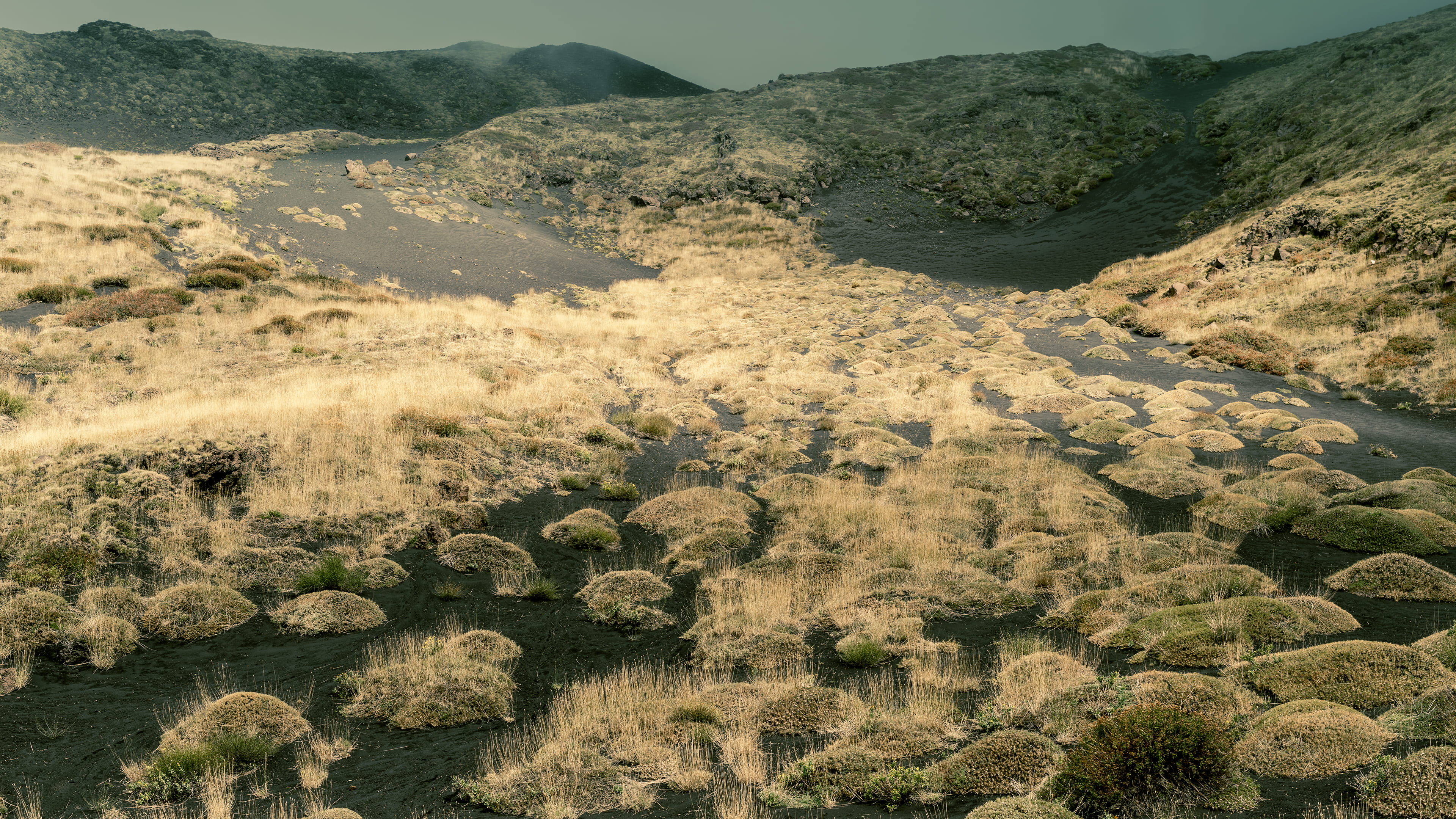 mount etna, landscape, mountain, green color, sand, high angle view, scenics - nature, italy, volcano, non-urban scene, no people, tranquility, 4K, tree, HD Wallpaper
