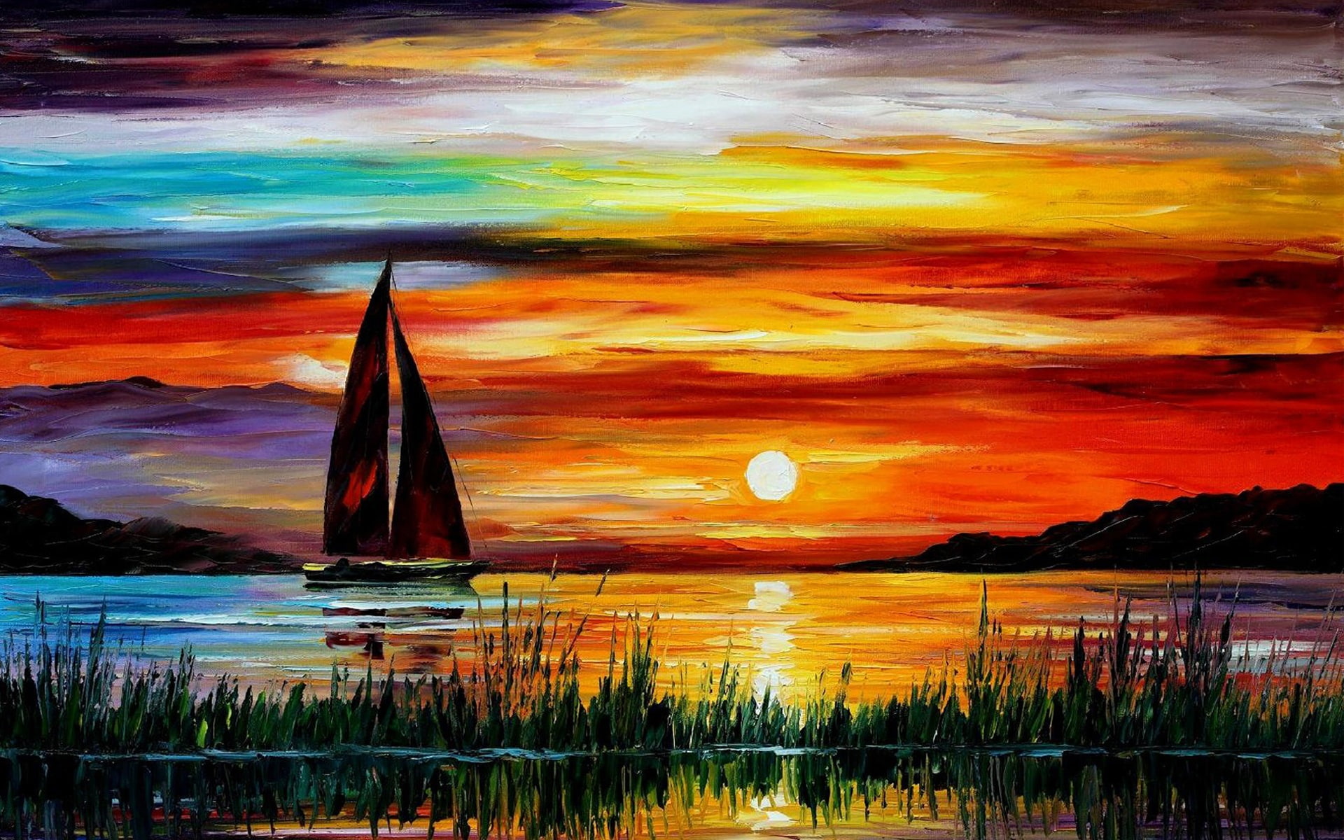 Exquisite, 1080P, Sunset, Boat, Sea, Painting, HD Wallpaper