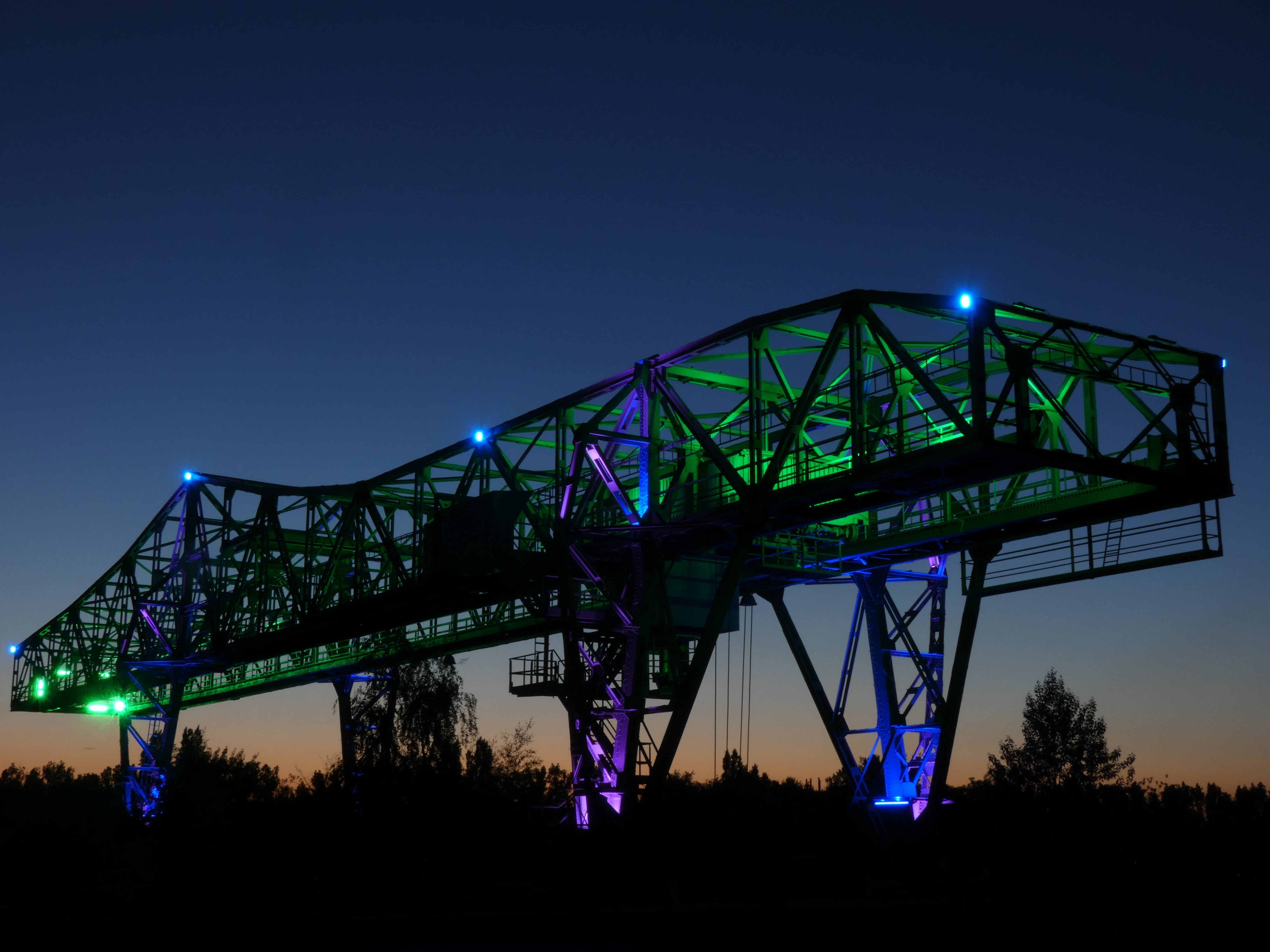 ruhr area, illuminated, silhouette, built structure, steel, nature, landmark, technology, blue, metal, purple, transportation, low angle view, north landscape park, HD Wallpaper
