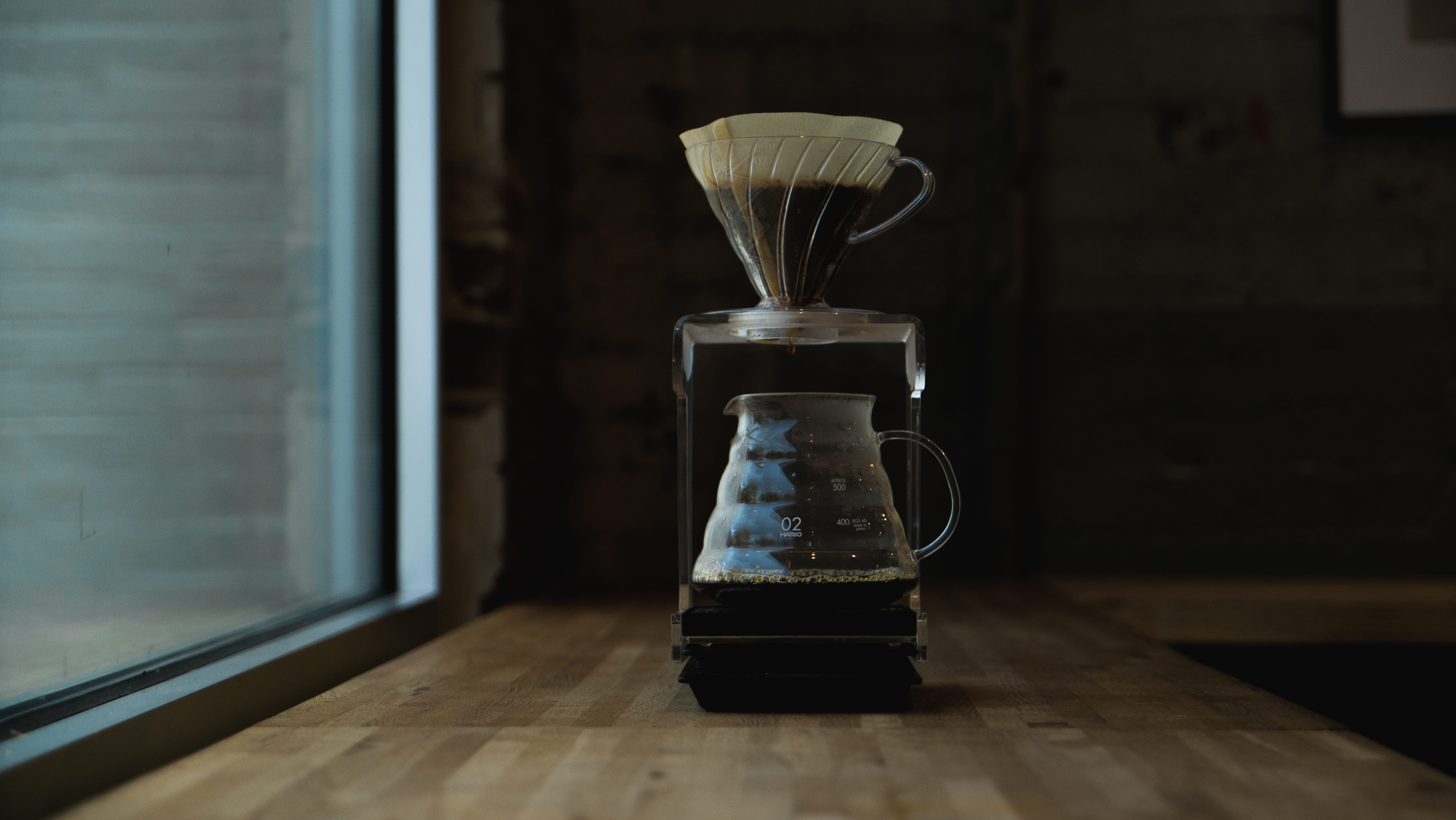 v60, still life, beans, indoors, transparent, espresso, coffee, pour over, hario, 5K, reflection, vase, window, focus on foreground, container, bottle, HD Wallpaper