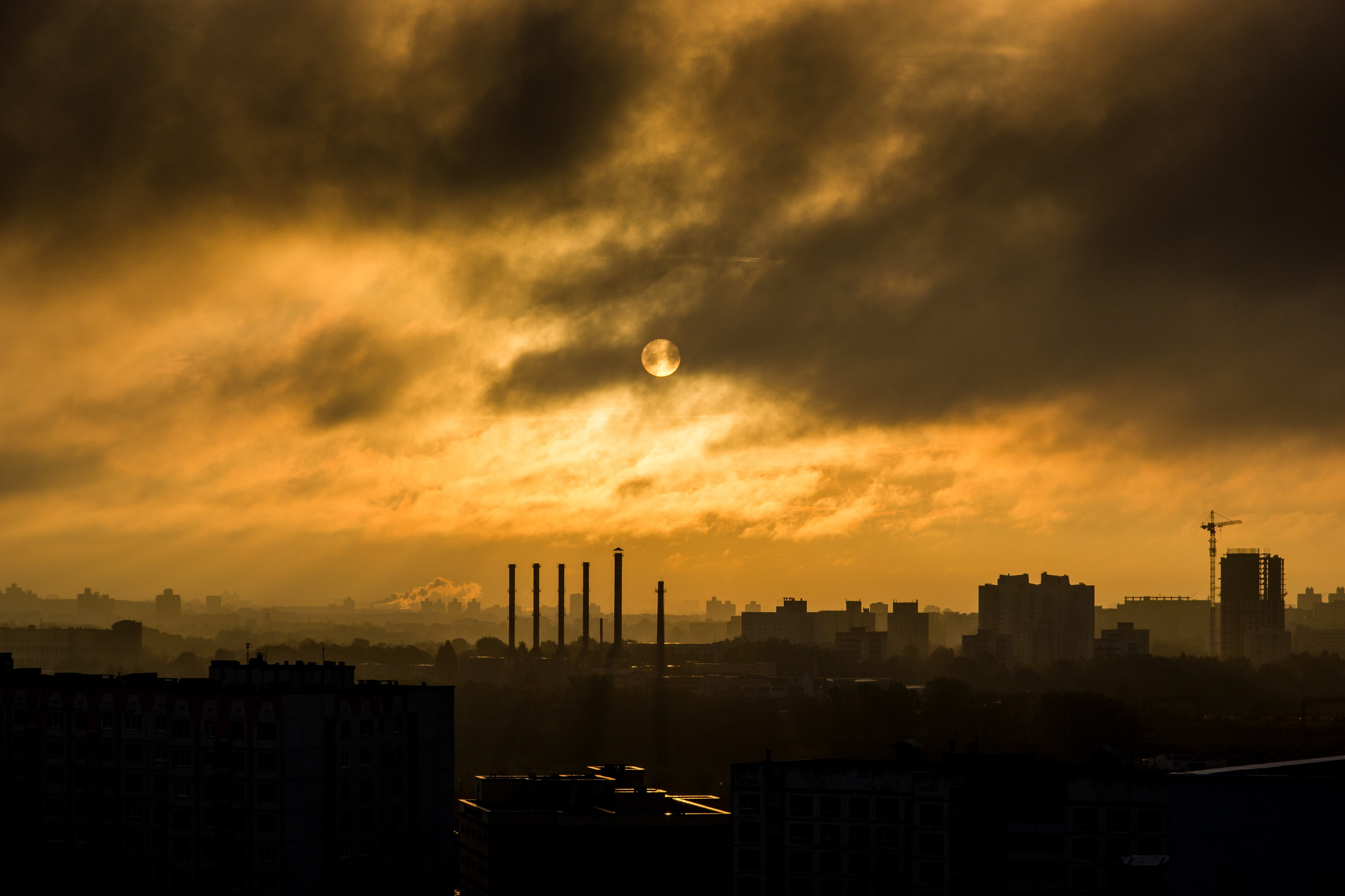 romantic sky, building exterior, urban Skyline, smog, outdoors, sunset, no people, metal, industrial, factory, silos, cloud - sky, environment, architecture, HD Wallpaper