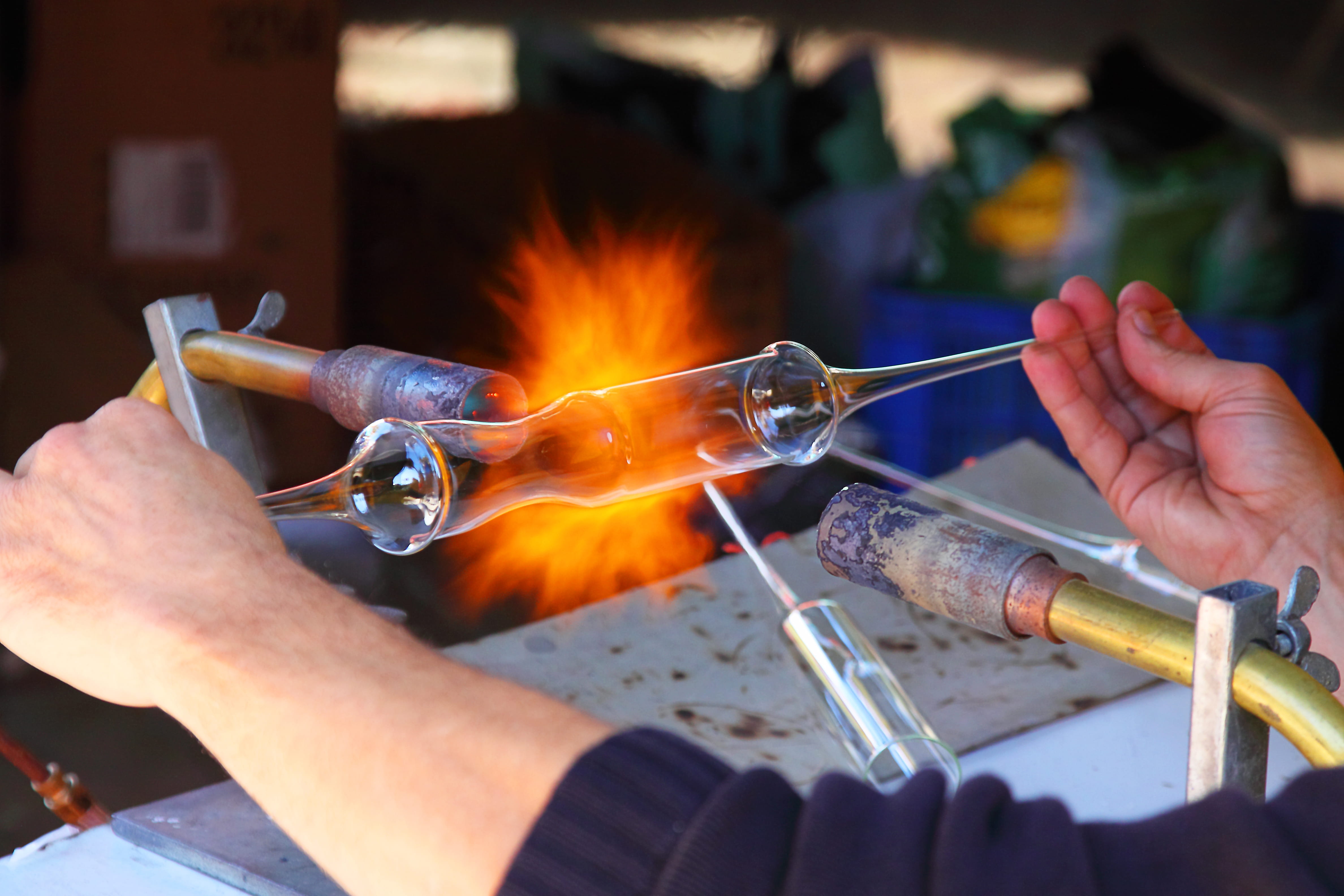 real people, one person, craftsperson, body part, test, people, testing, tube, adult, fire, glass, close-up, flame, industry, 4K, fire - Natural Phenomenon, HD Wallpaper