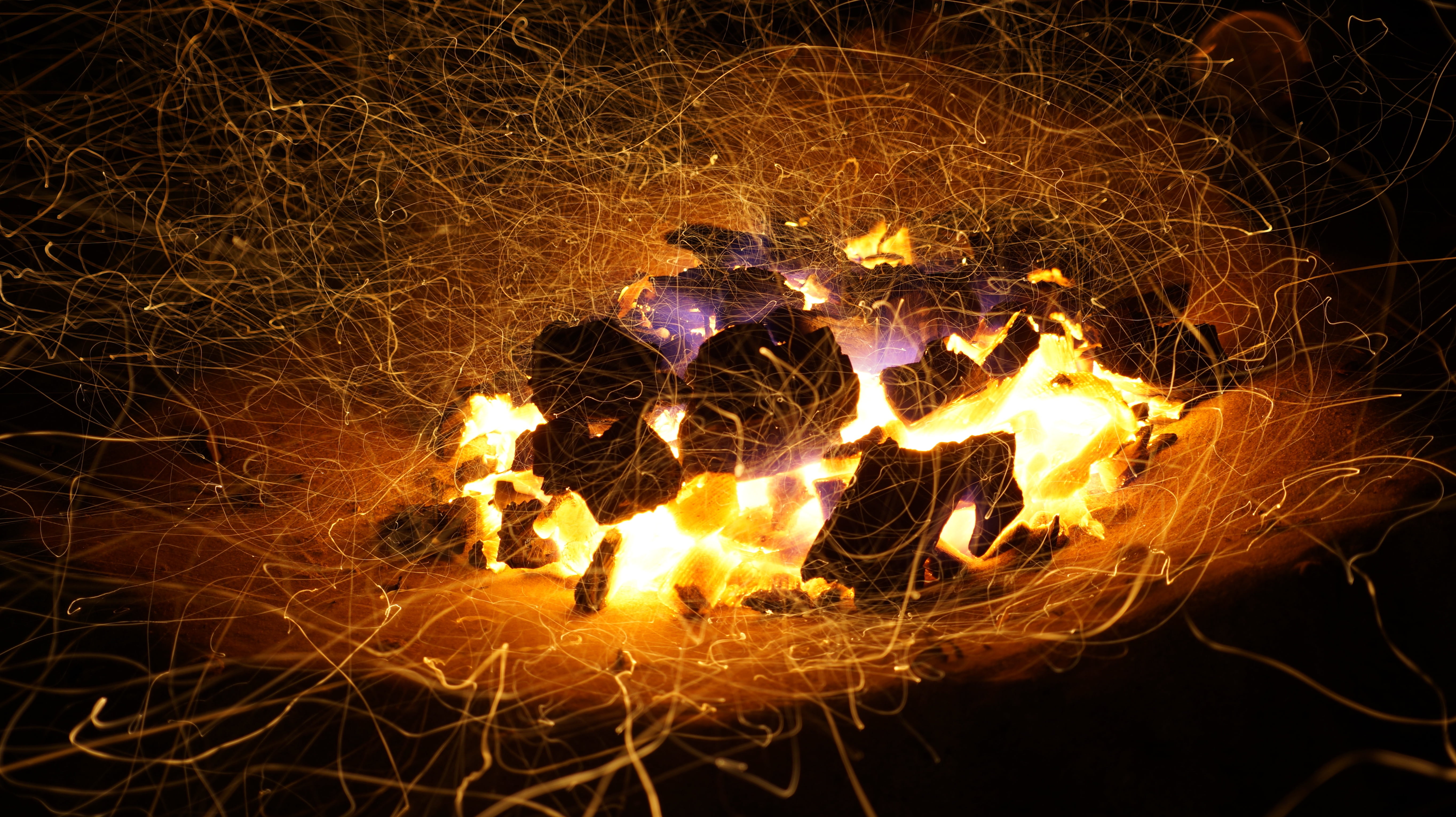 hot, campfire, fire - natural phenomenon, burnt, abstract, illuminated, night, explosion, orange color, danger, coal, no people, photo, charcoal, bonfire, HD Wallpaper