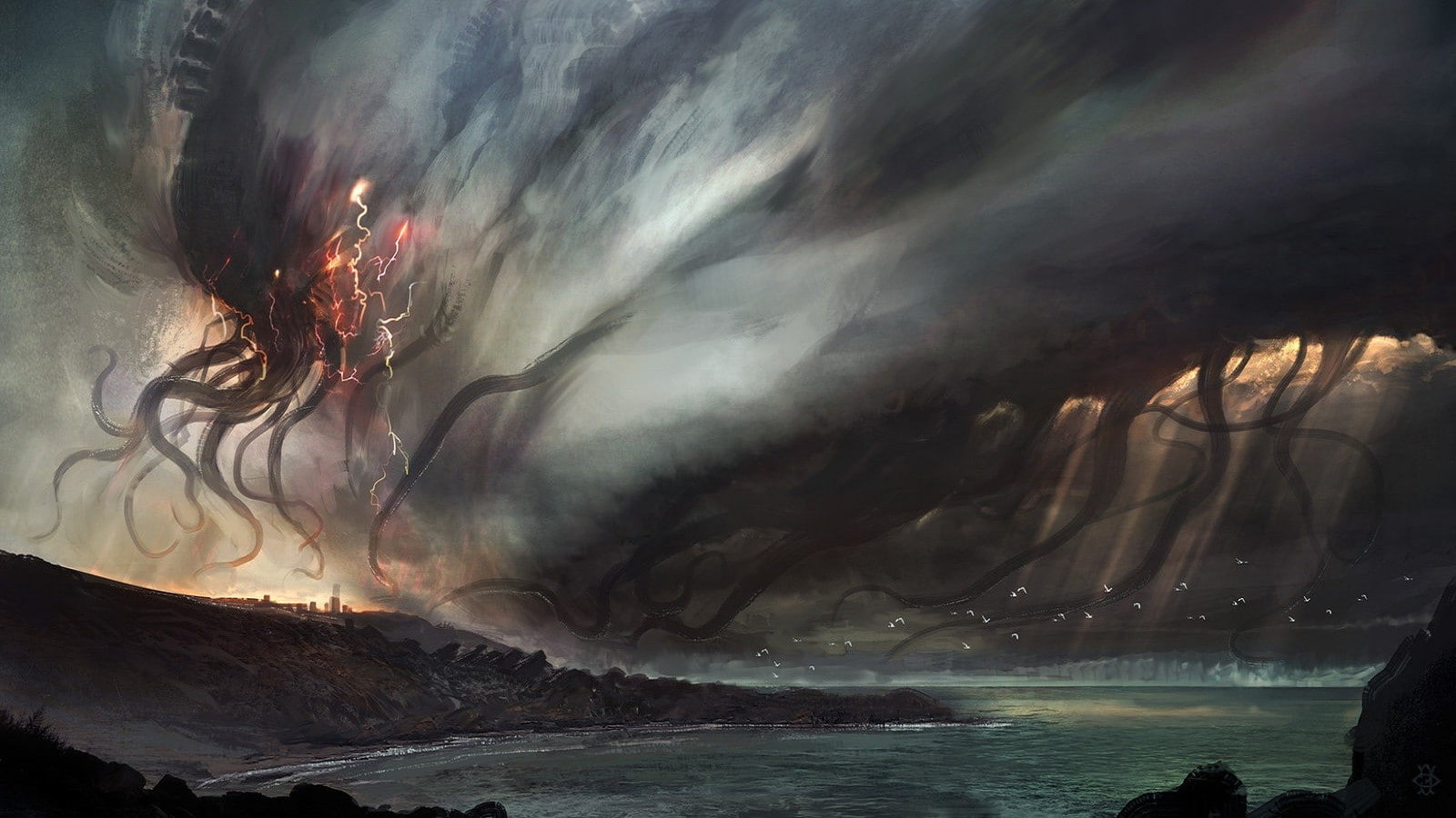 power, outdoors, cave, beach, sky, water, scenics - nature, rock, no people, 720P, digital art painting movies cthulhu creature deviantart, beauty in nature, HD Wallpaper